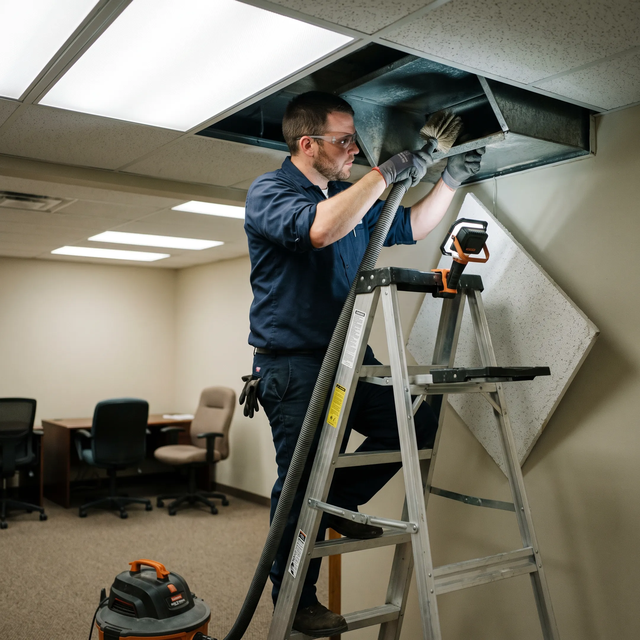 Technician cleaning commercial HVAC air ducts
