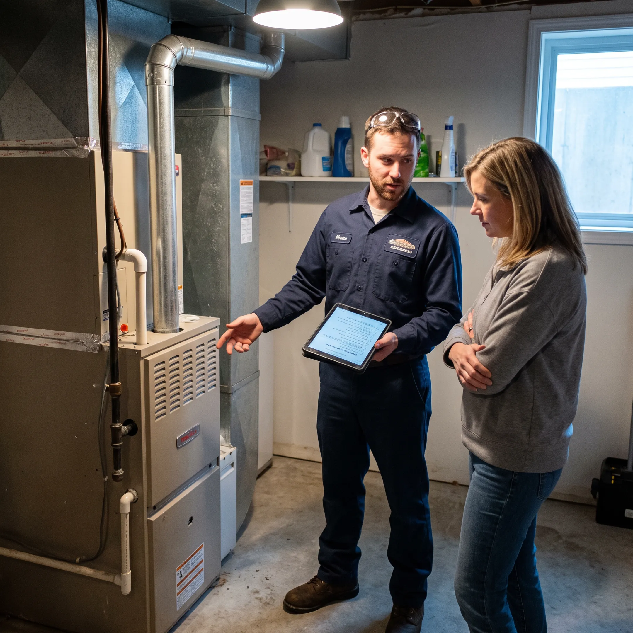 Homeowner discussing HVAC maintenance with technician