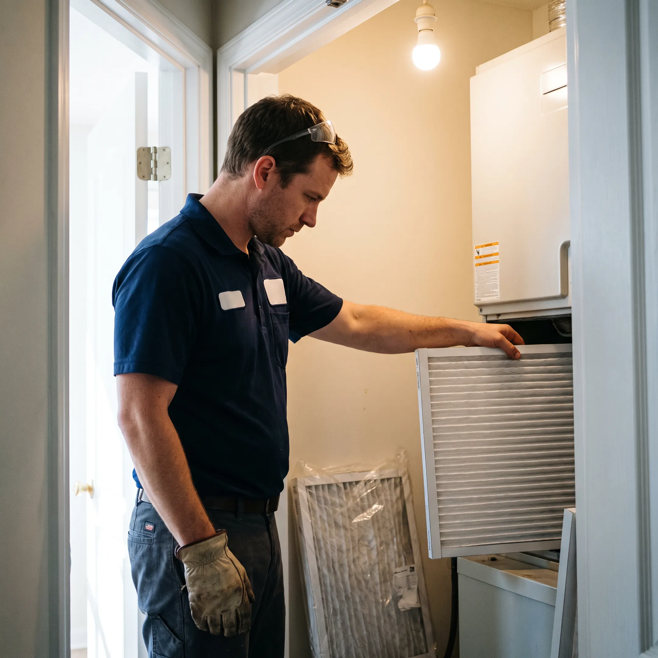 Technician replacing a home AC filter