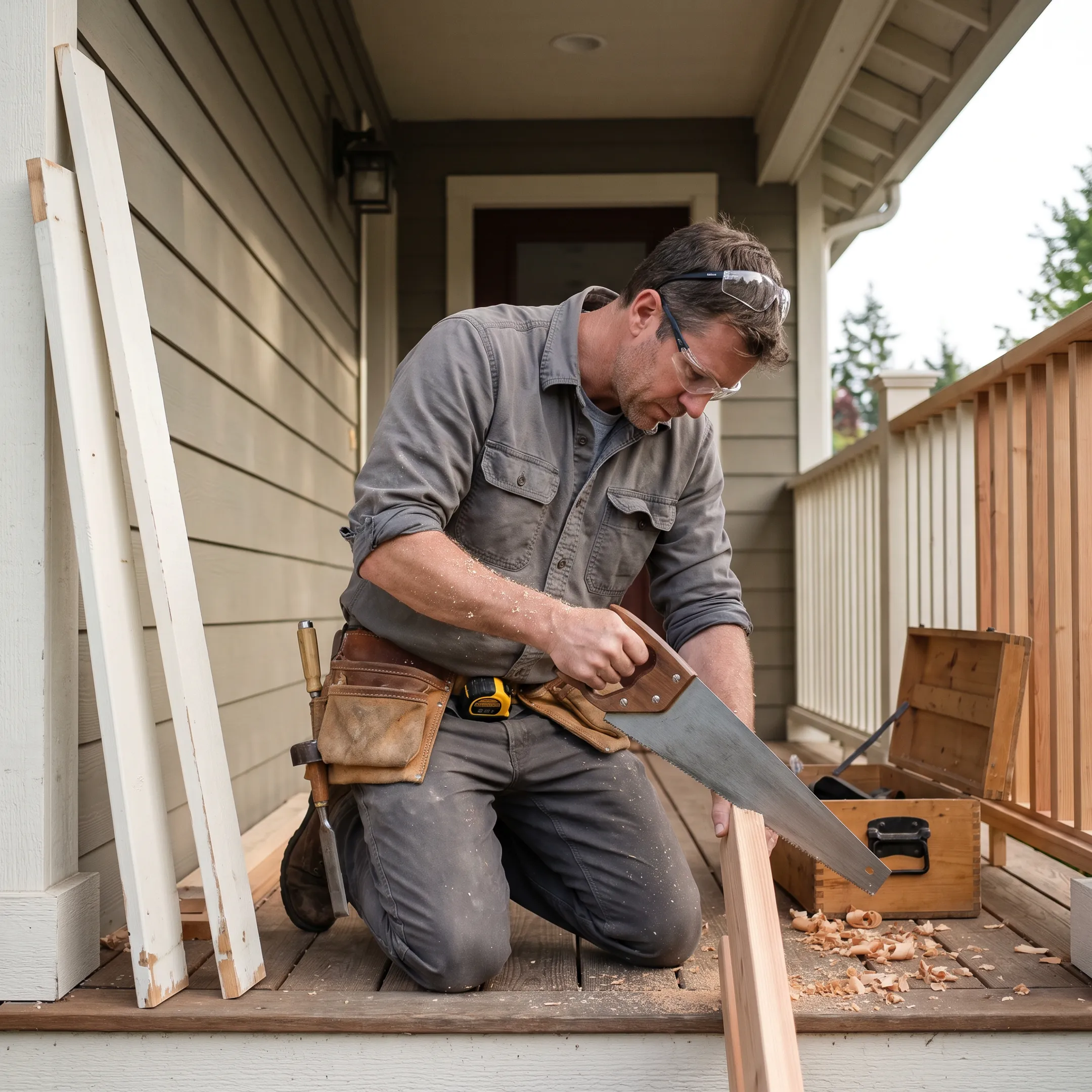 Carpenter repairing a wooden porch railing