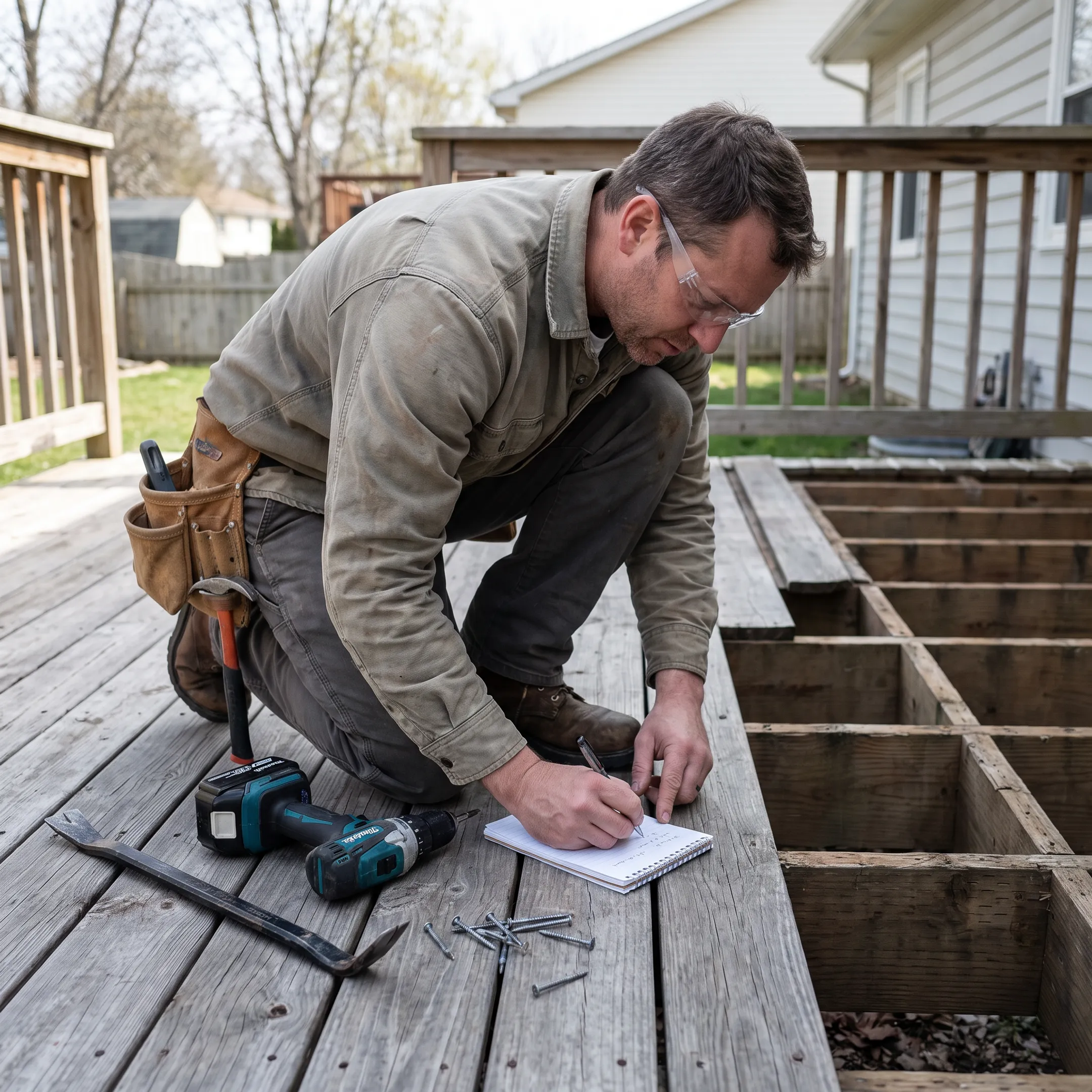 Contractor inspecting damaged deck boards
