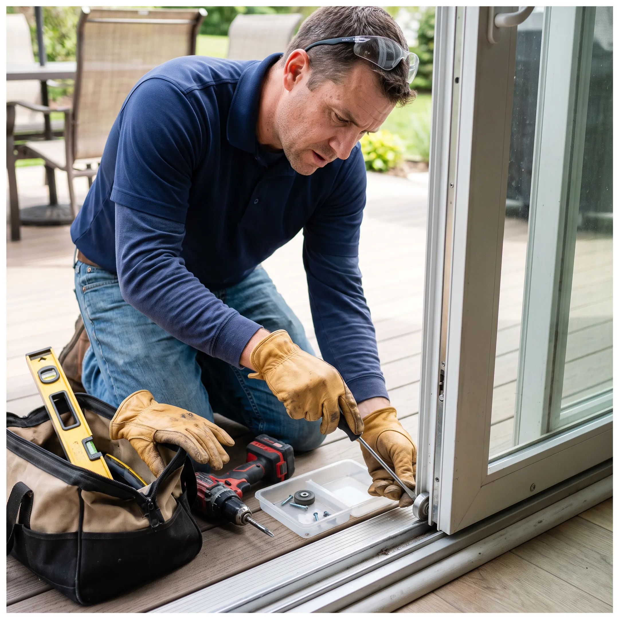 Technician repairing a sliding glass door