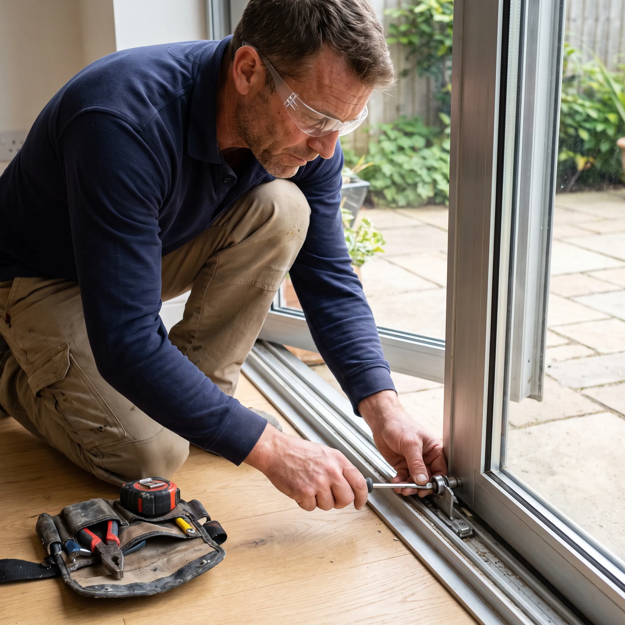 Contractor inspecting sliding door hardware