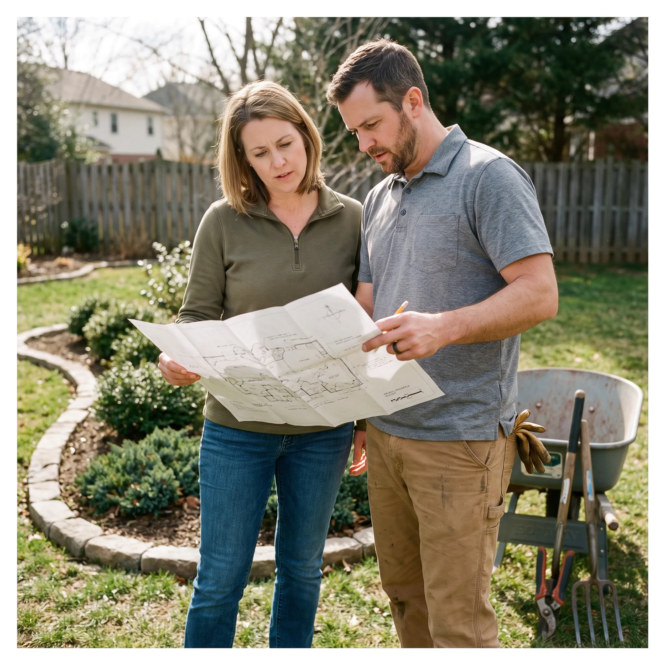 Homeowner reviewing landscaping plans with a contractor