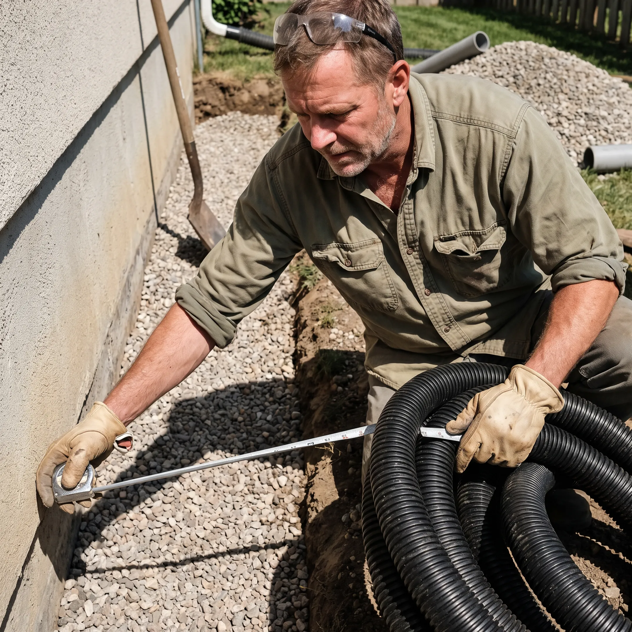 Drainage contractor measuring a French drain trench beside a home