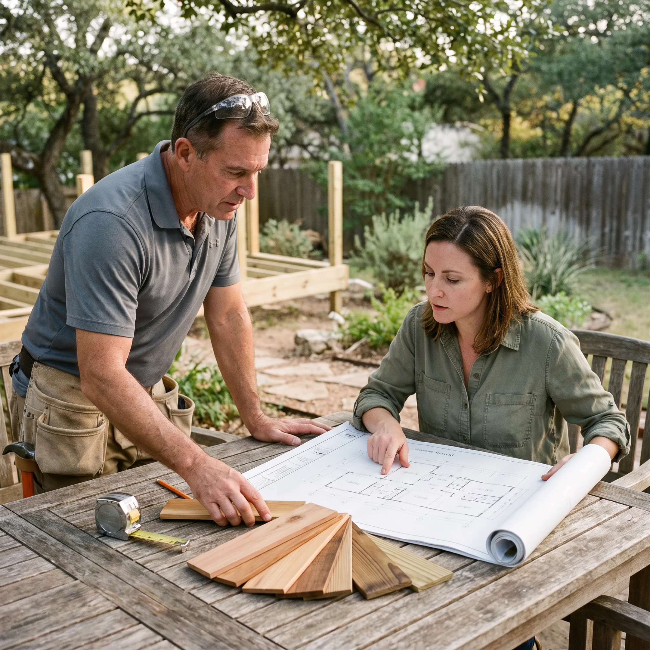 Homeowner reviewing carpentry plans with a contractor
