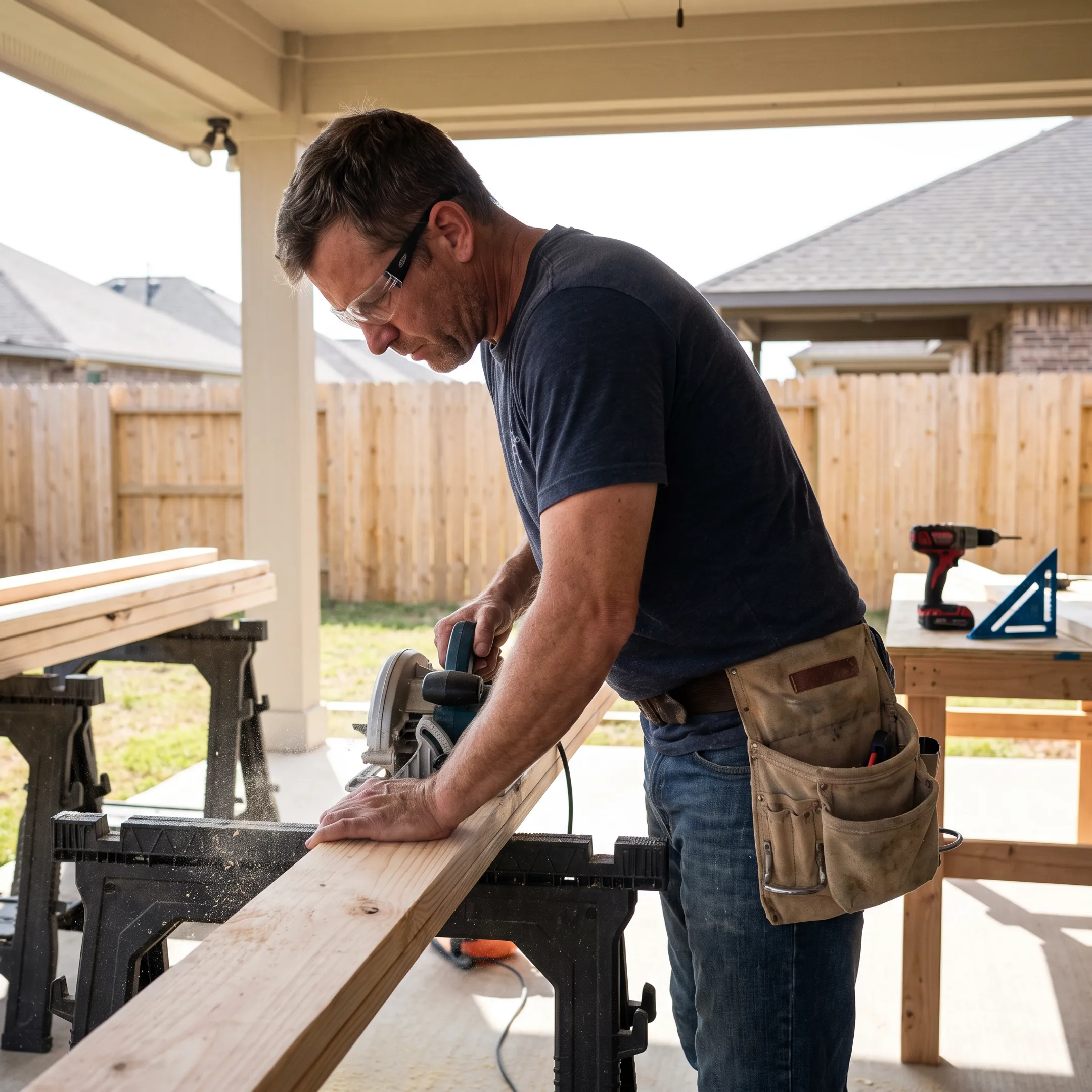 Carpenter measuring lumber for a residential project