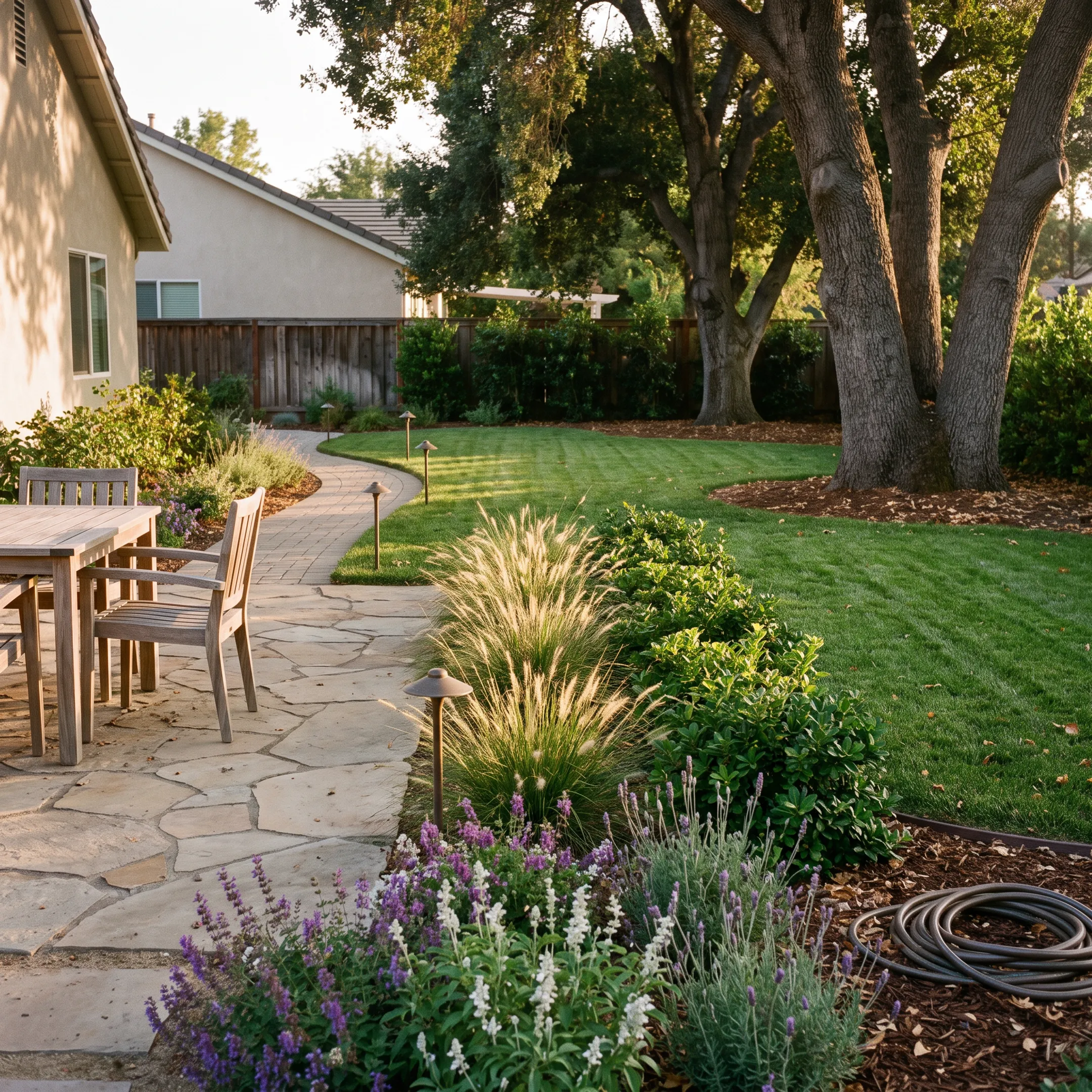 Beautiful landscaped backyard with stone patio