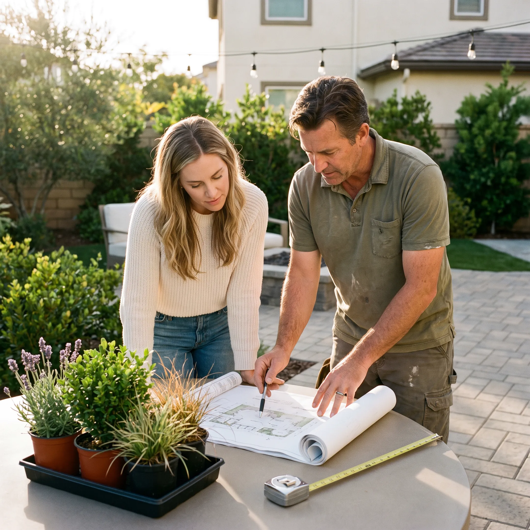 Homeowner reviewing landscape plans with contractor