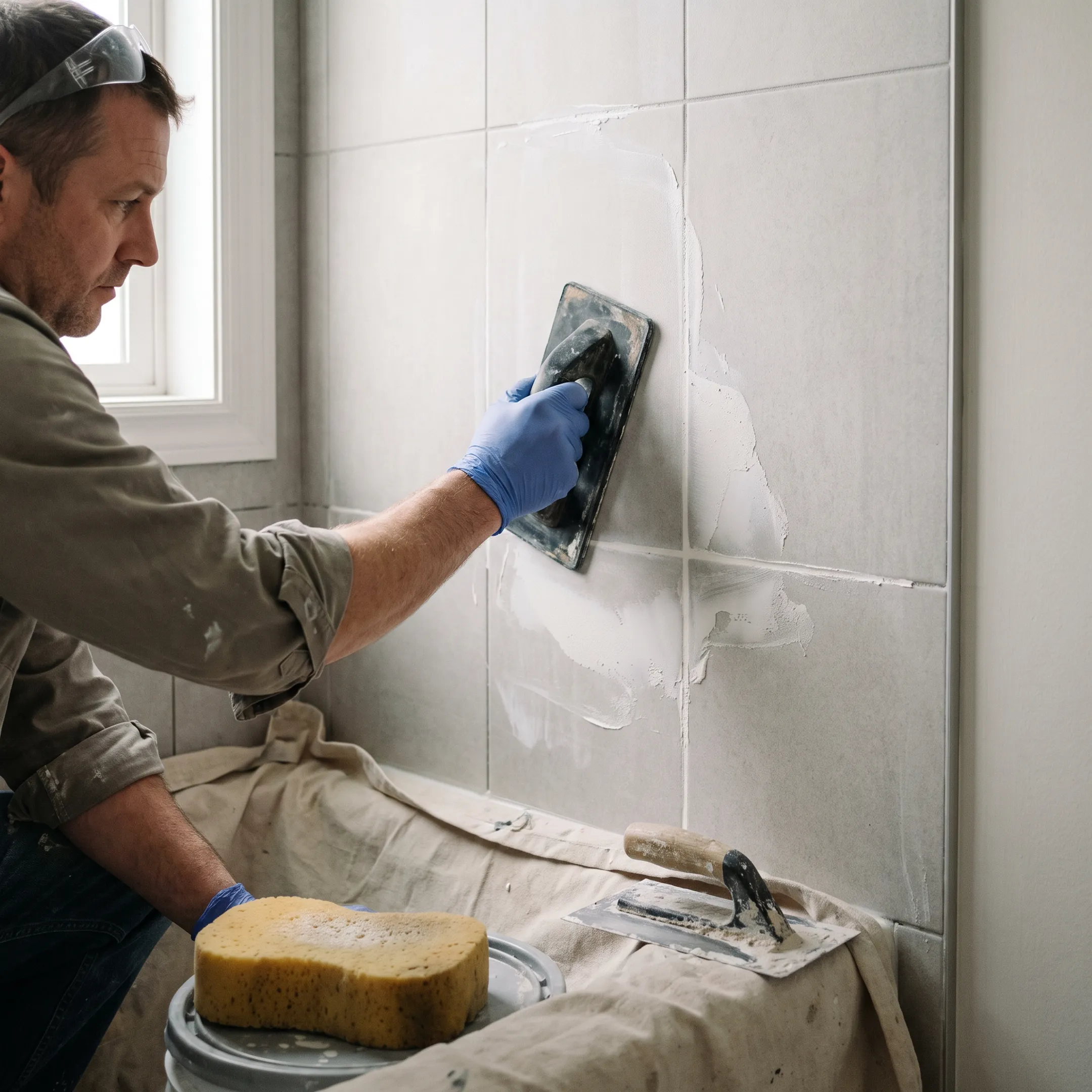 Freshly regrouted white shower tile