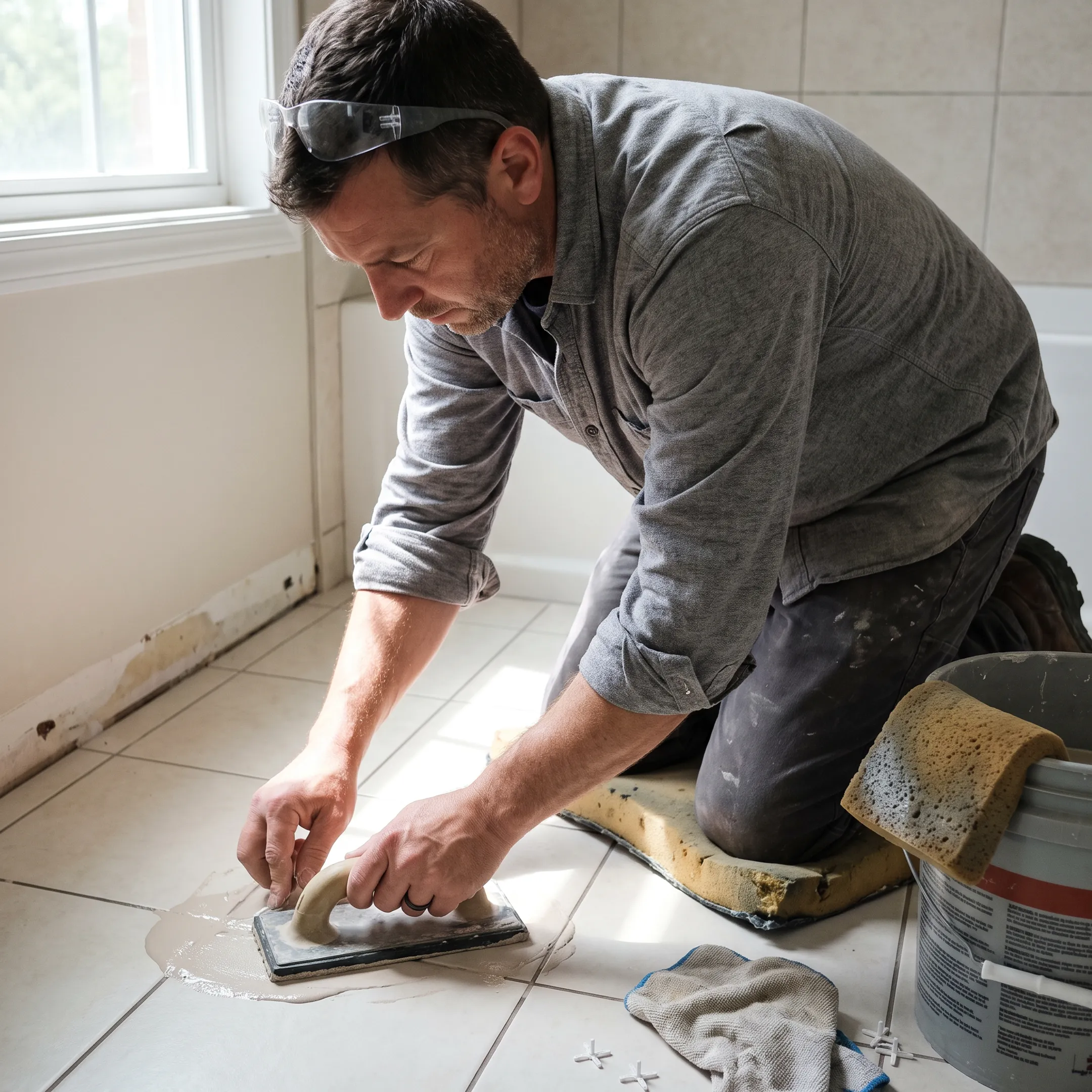 Contractor repairing grout between floor tiles