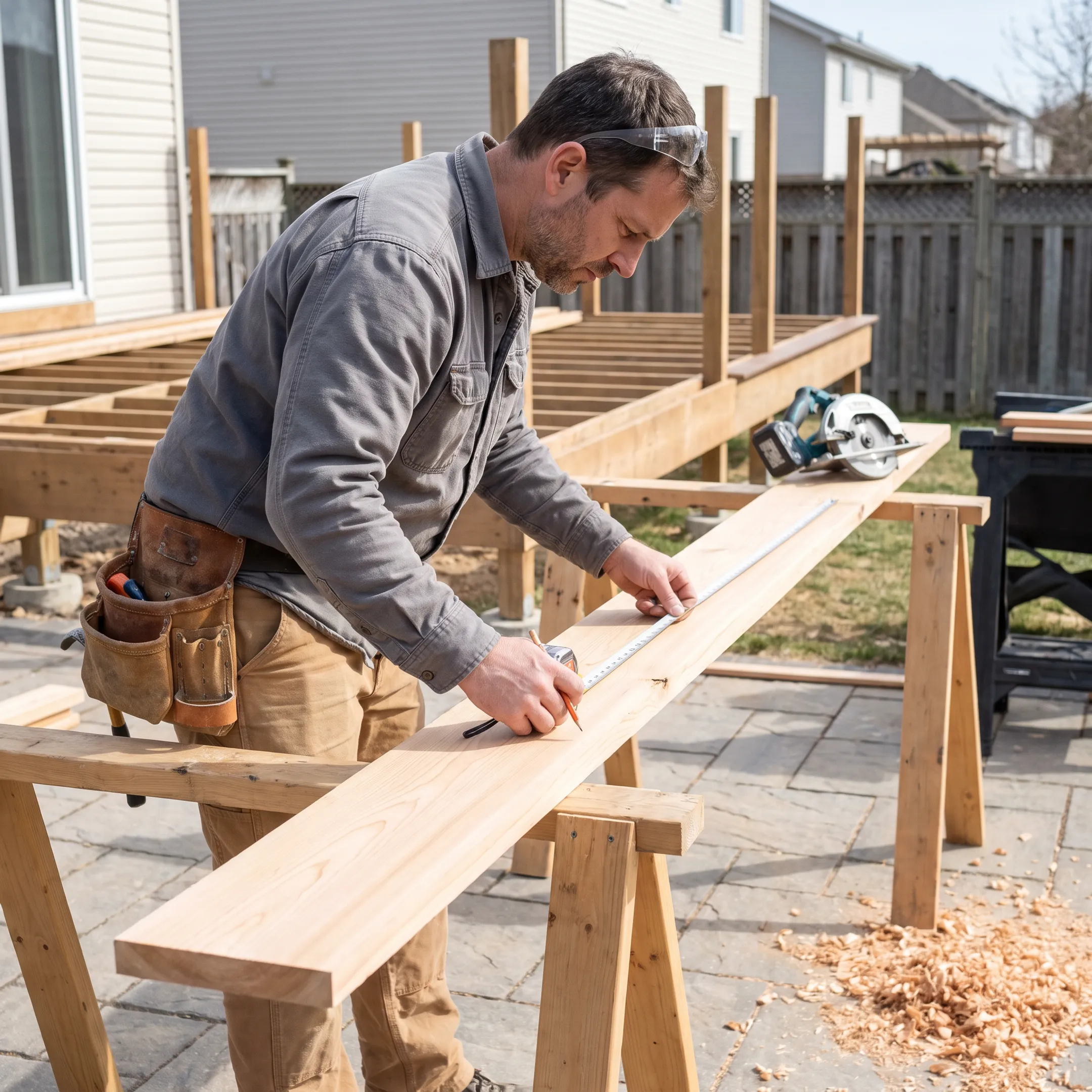 Carpenter measuring lumber for a home project