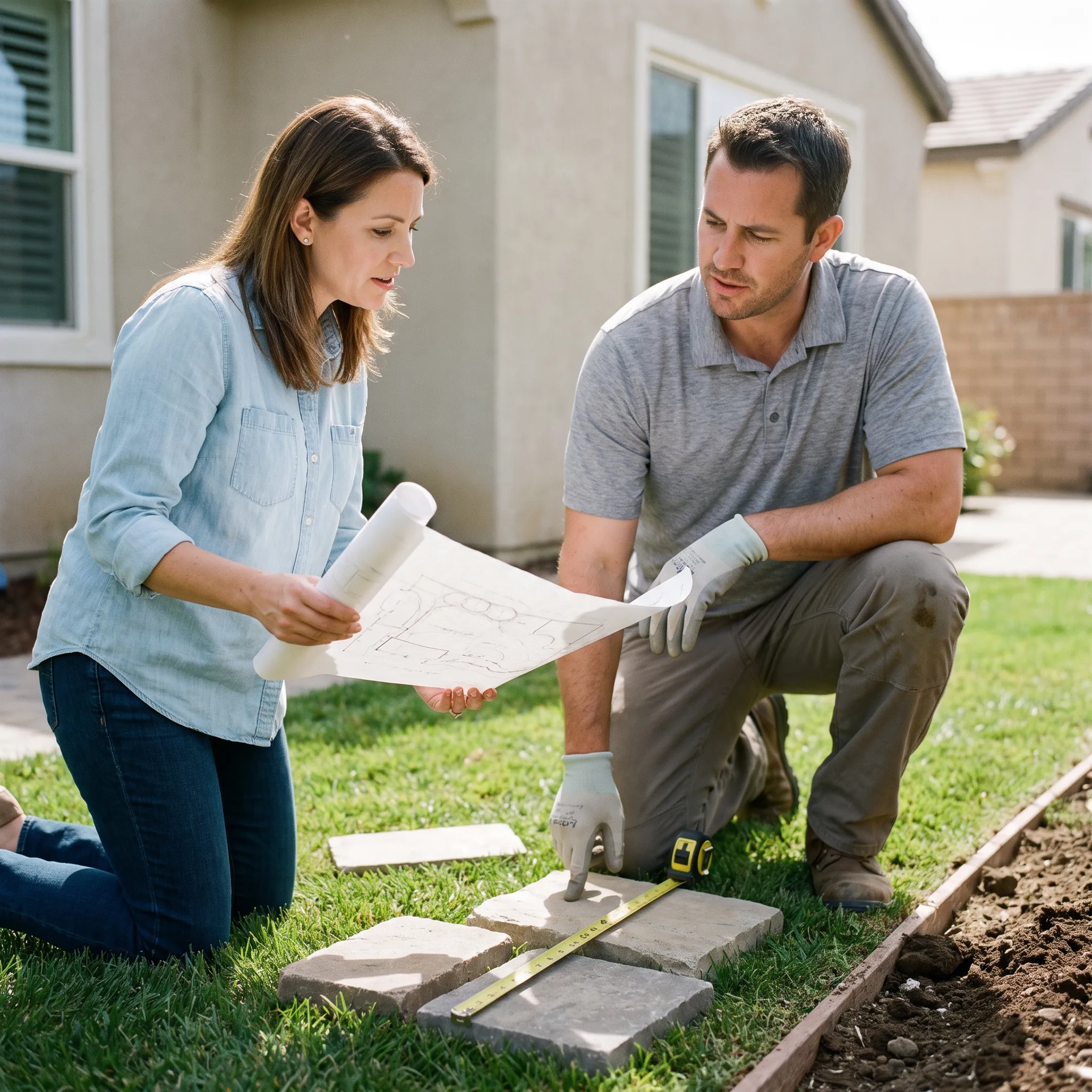 Homeowner discussing a landscape plan with a contractor