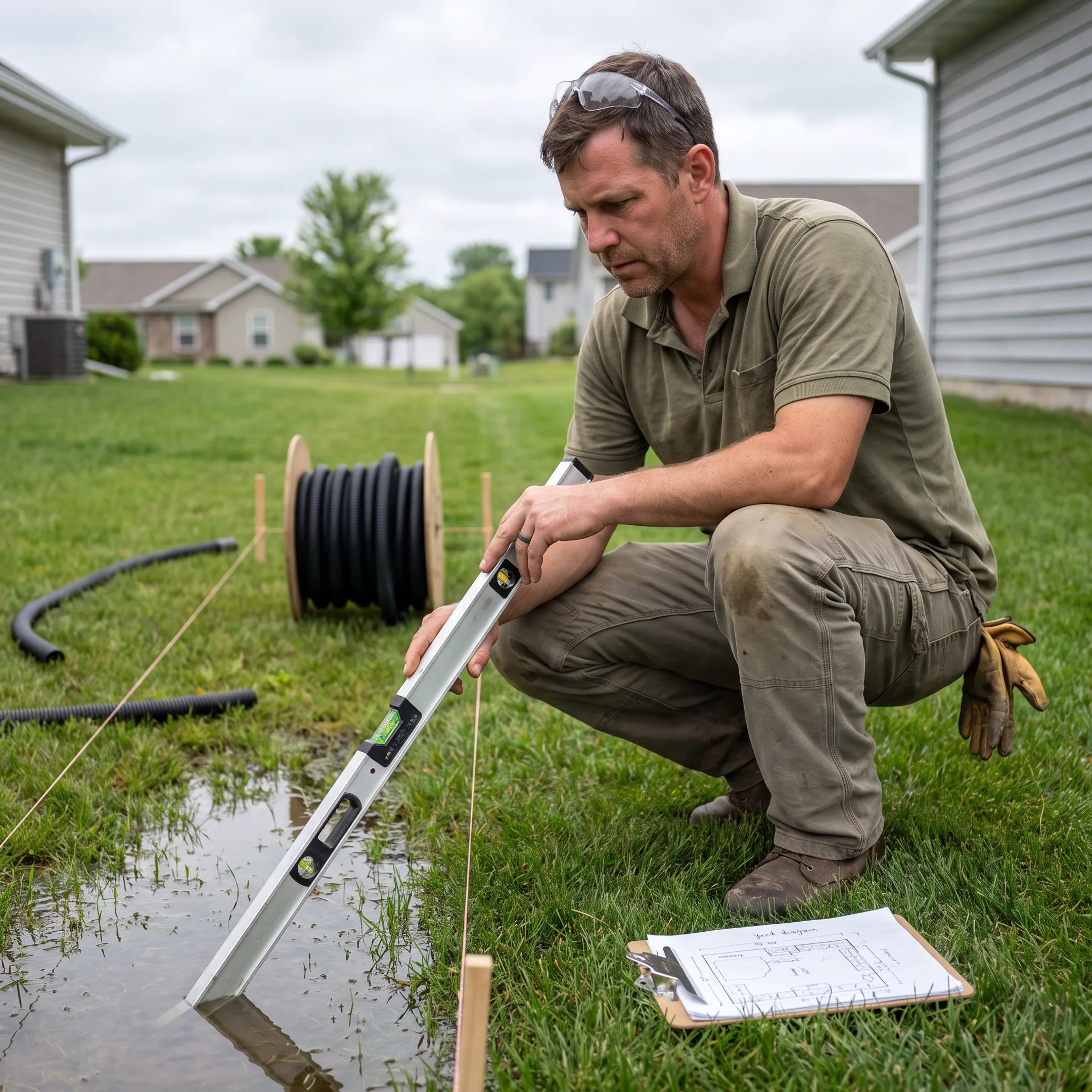 Contractor assessing yard drainage near a home