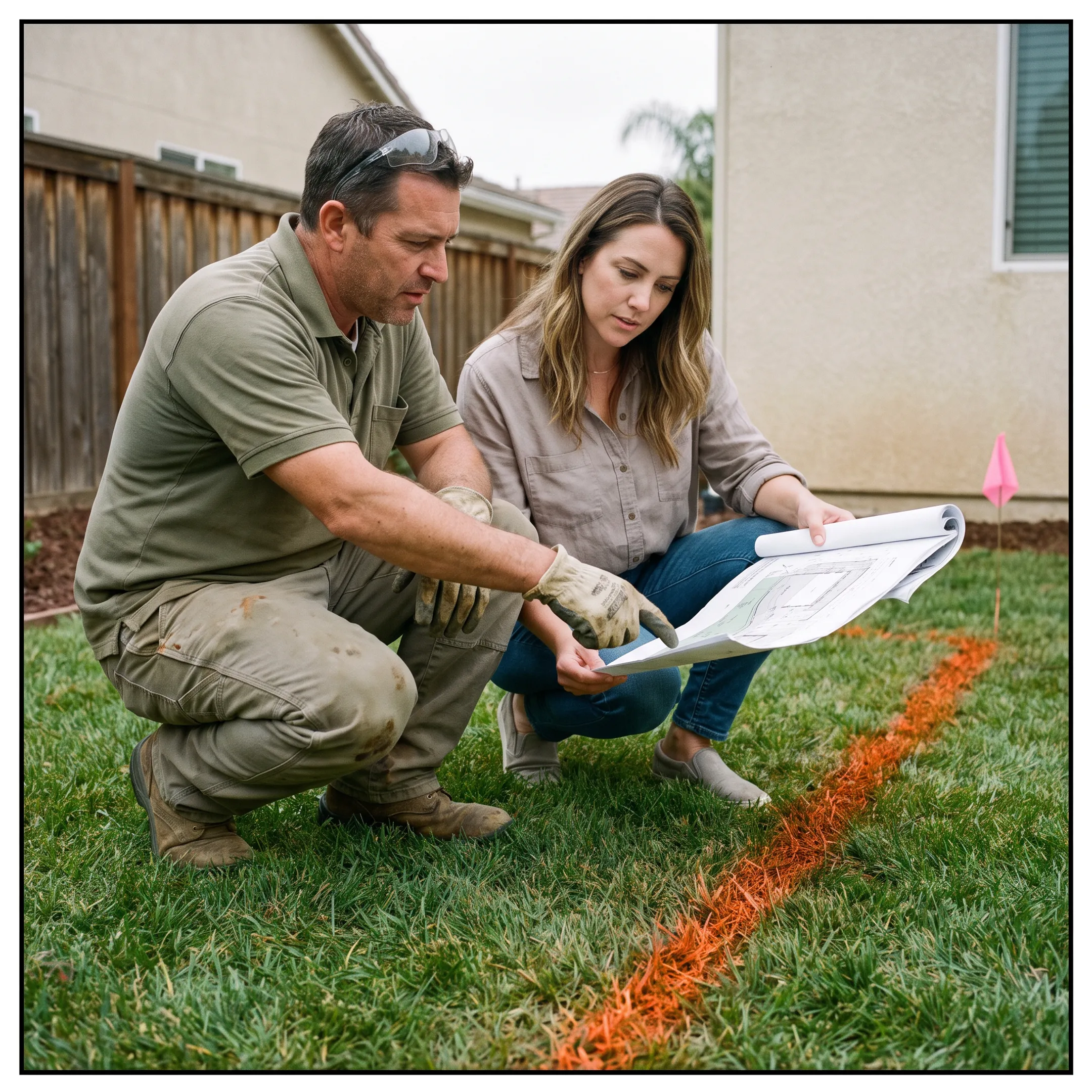 Homeowner discussing drainage plans with contractor