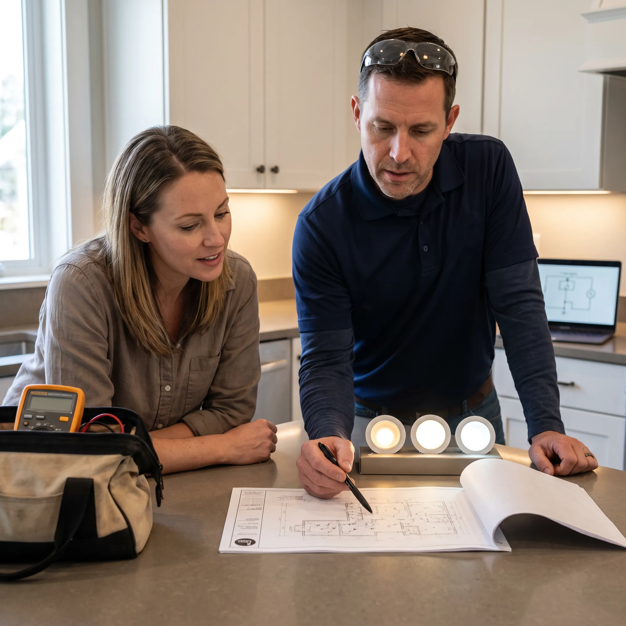Homeowner discussing an electrical project with an electrician