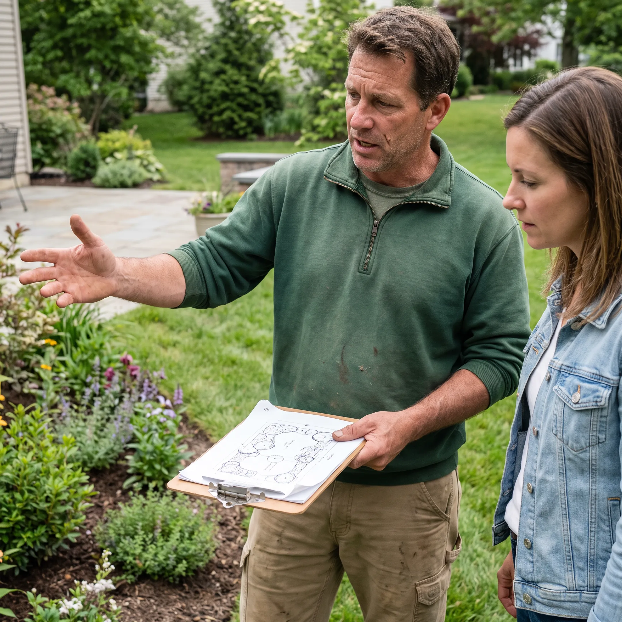 Landscaping professional reviewing a residential garden plan