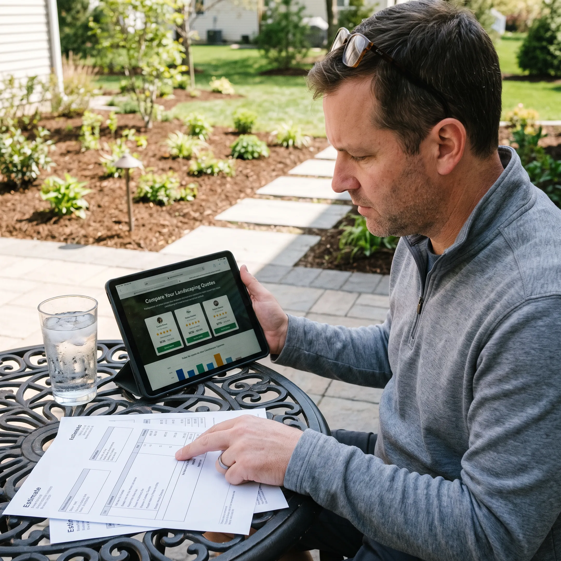 Homeowner comparing landscaping contractor estimates