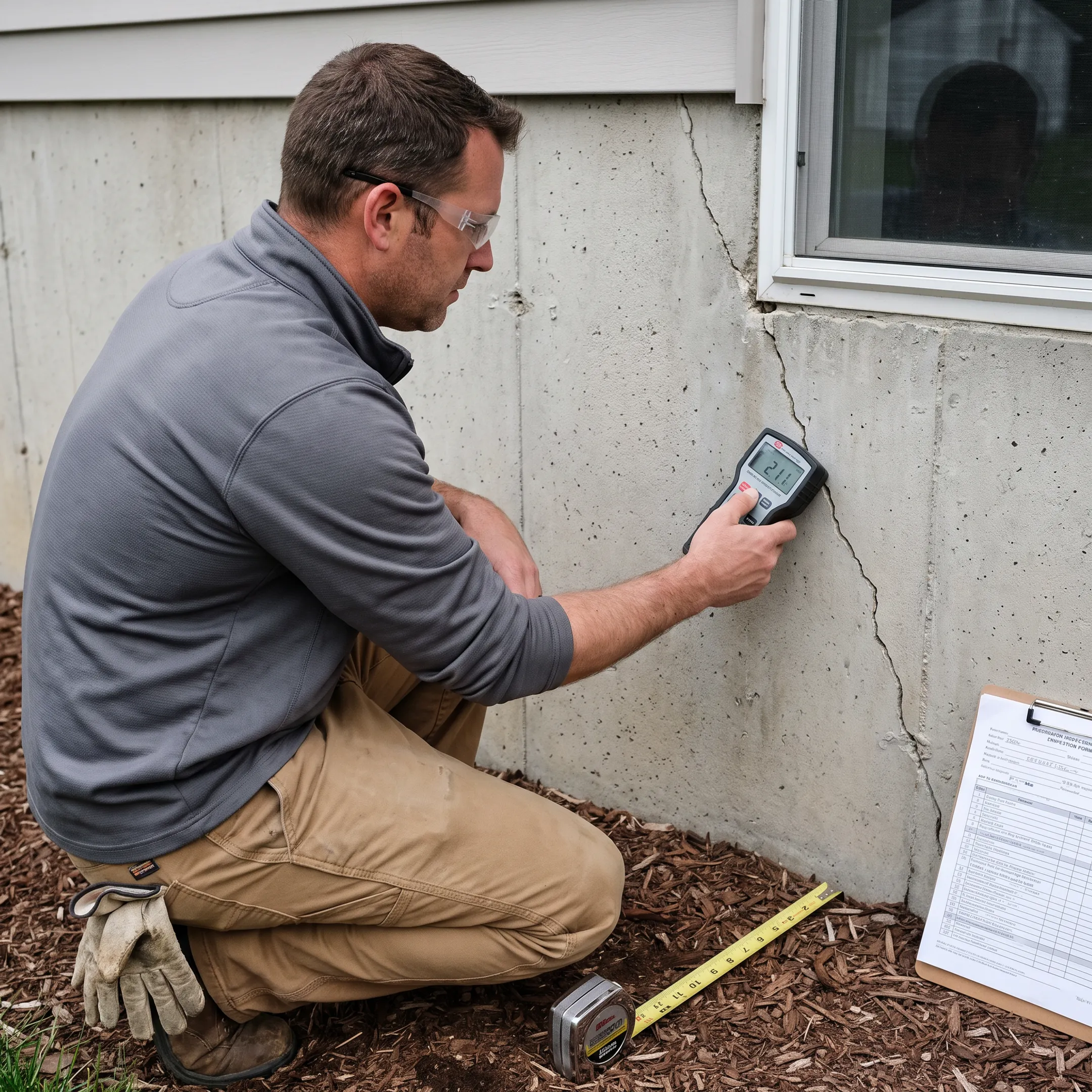Contractor inspecting a residential foundation crack