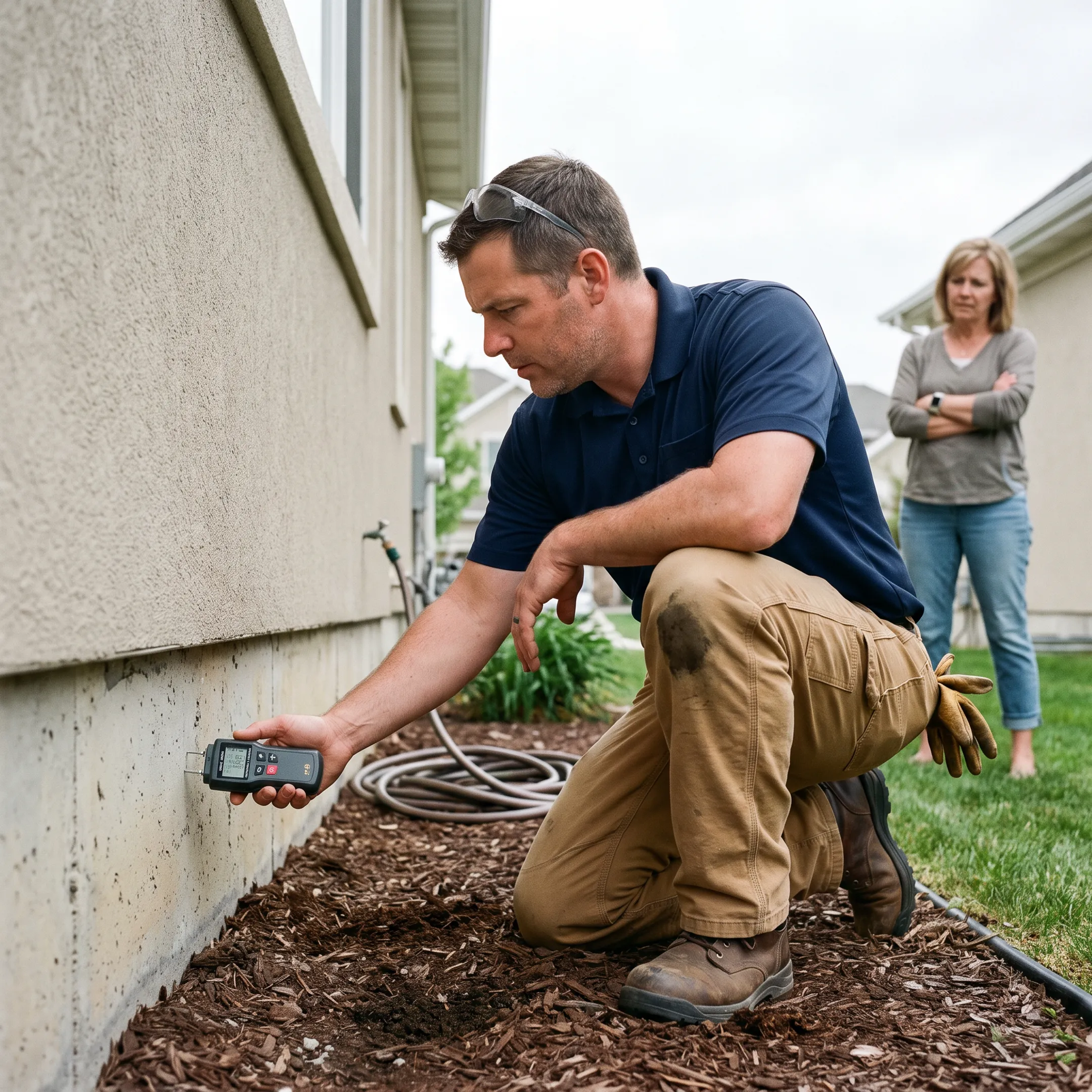 Foundation professional reviewing a home's exterior