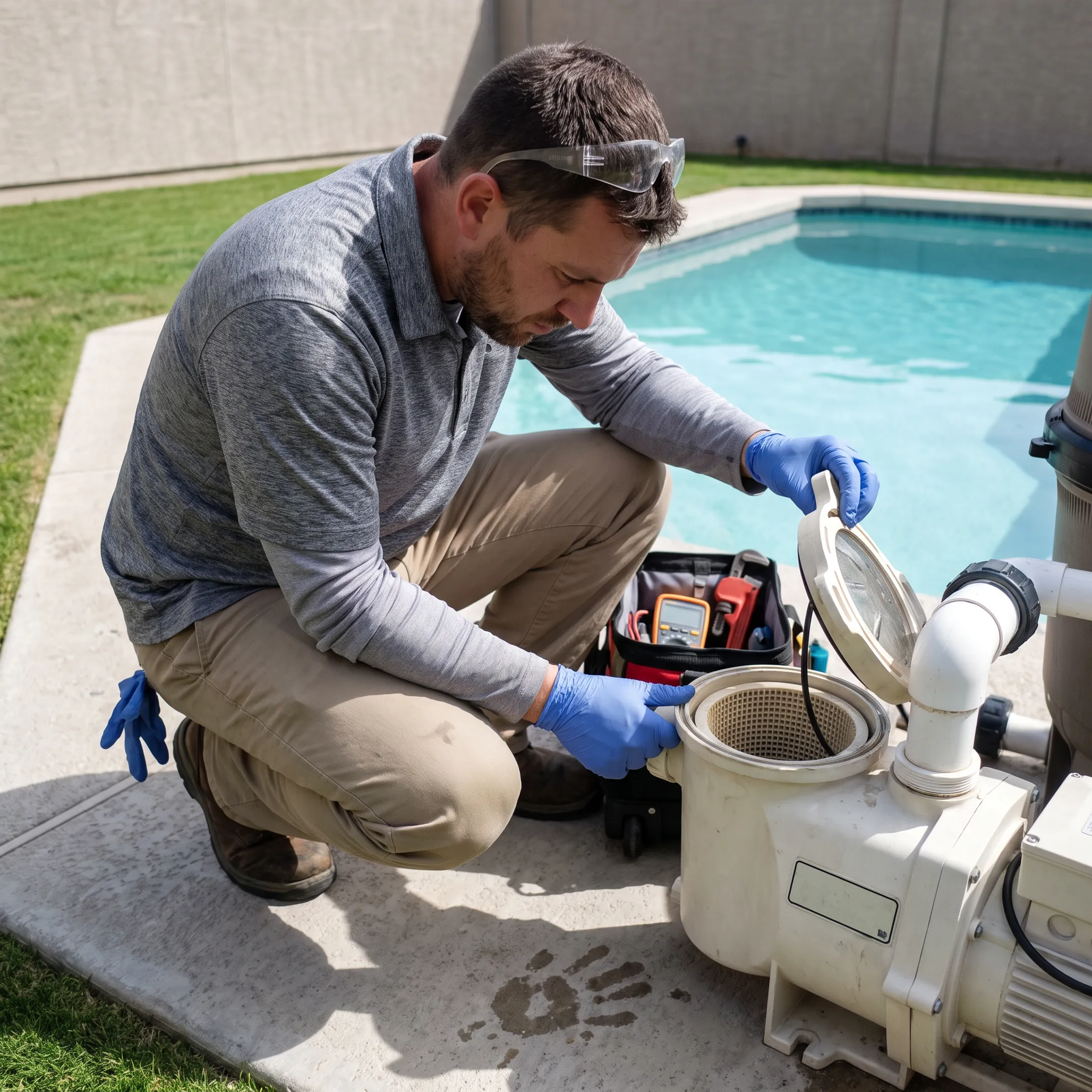Technician inspecting pool equipment