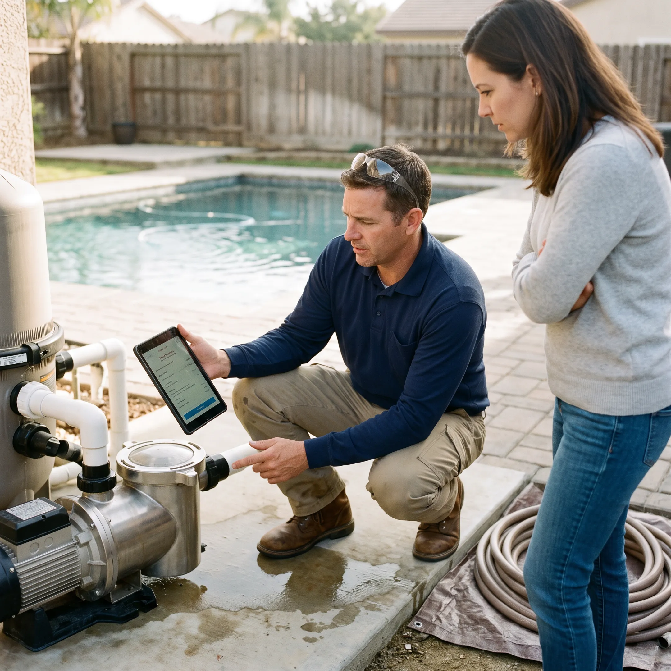 Homeowner discussing pool repair