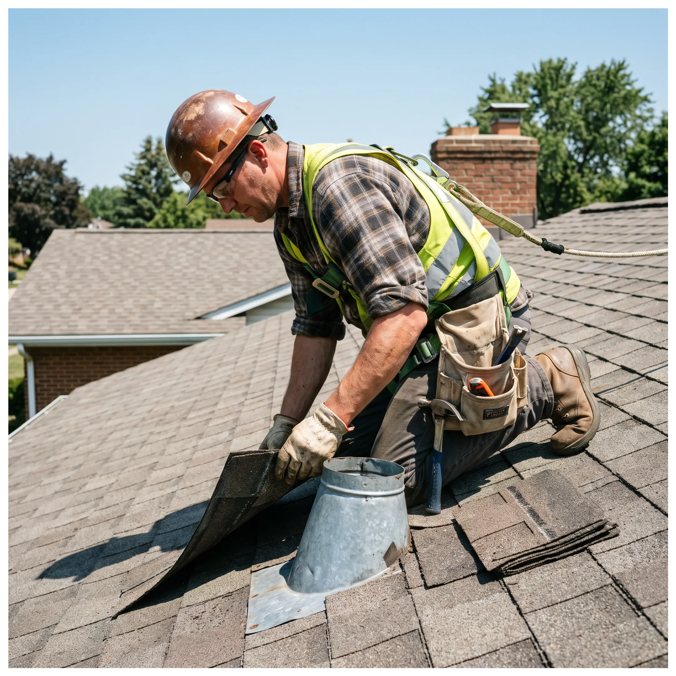 Roofer inspecting damaged residential shingles