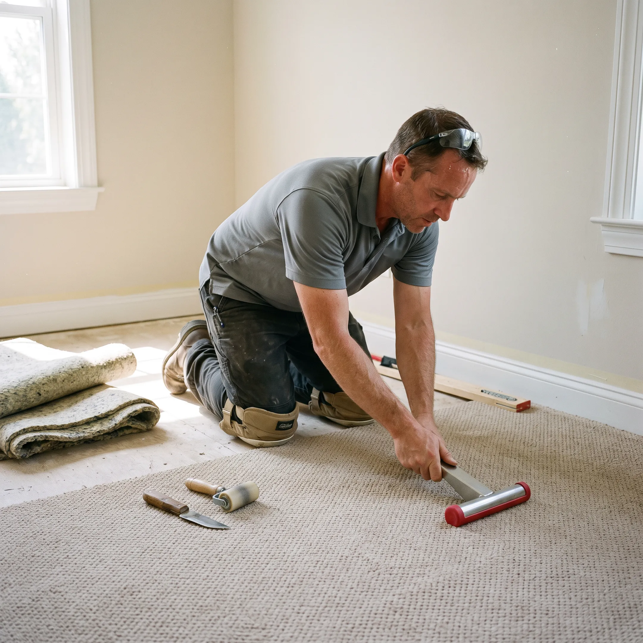 Installer fitting new carpet in a bright Austin home