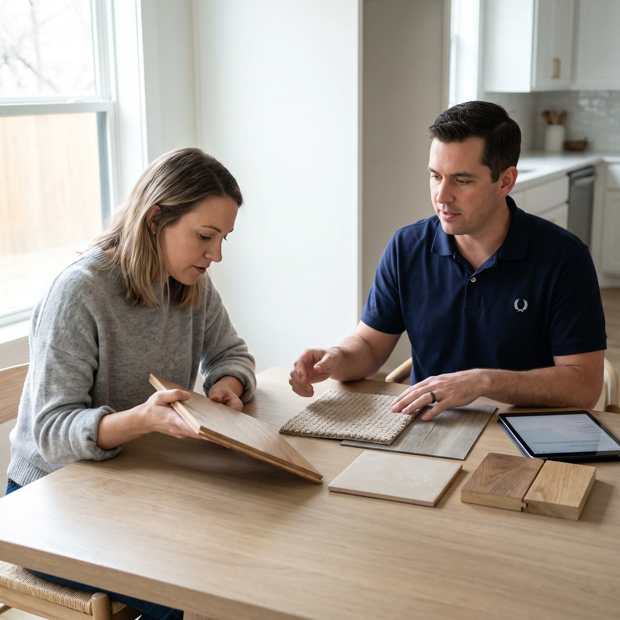 Homeowner comparing carpet and flooring samples