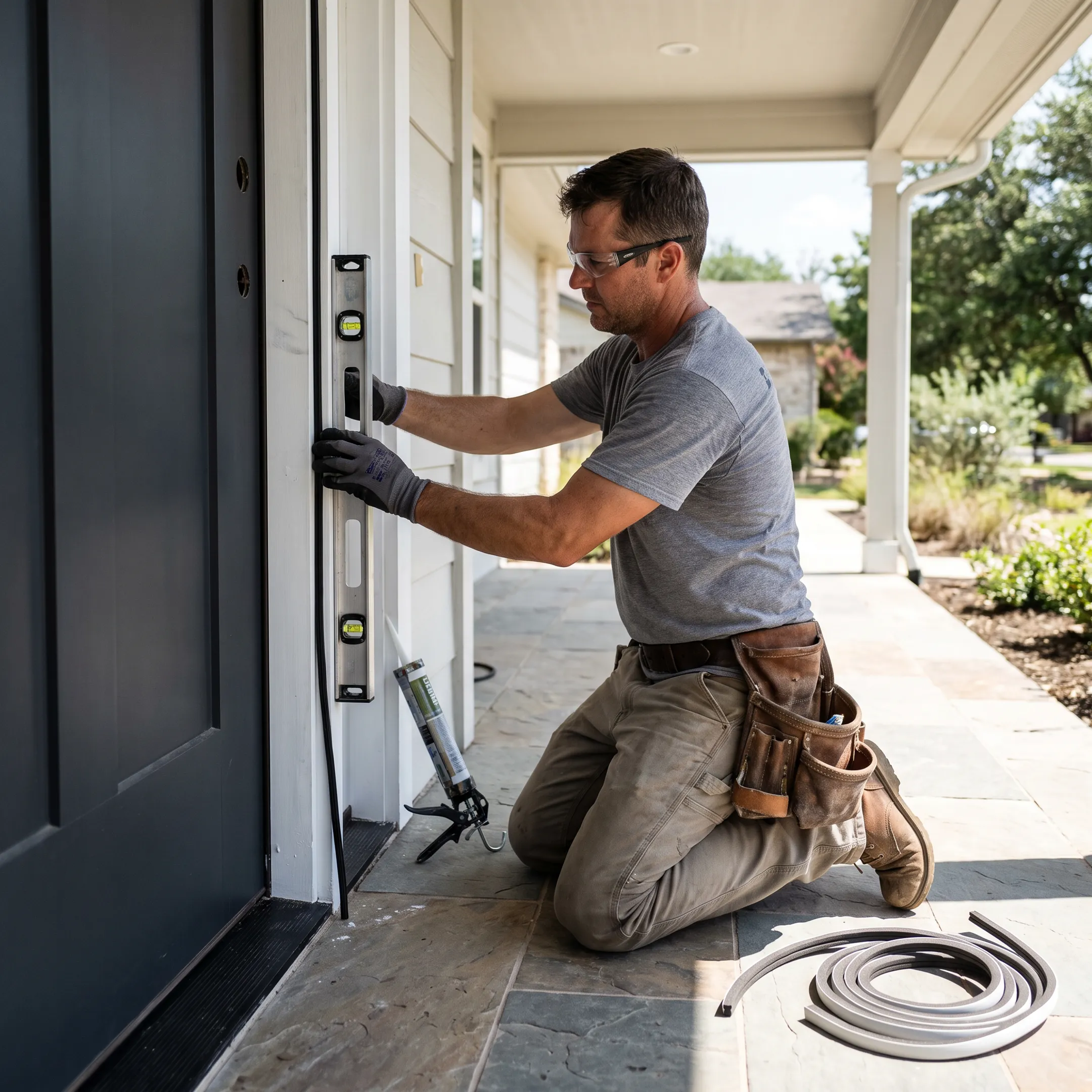 Installer fitting a new front door