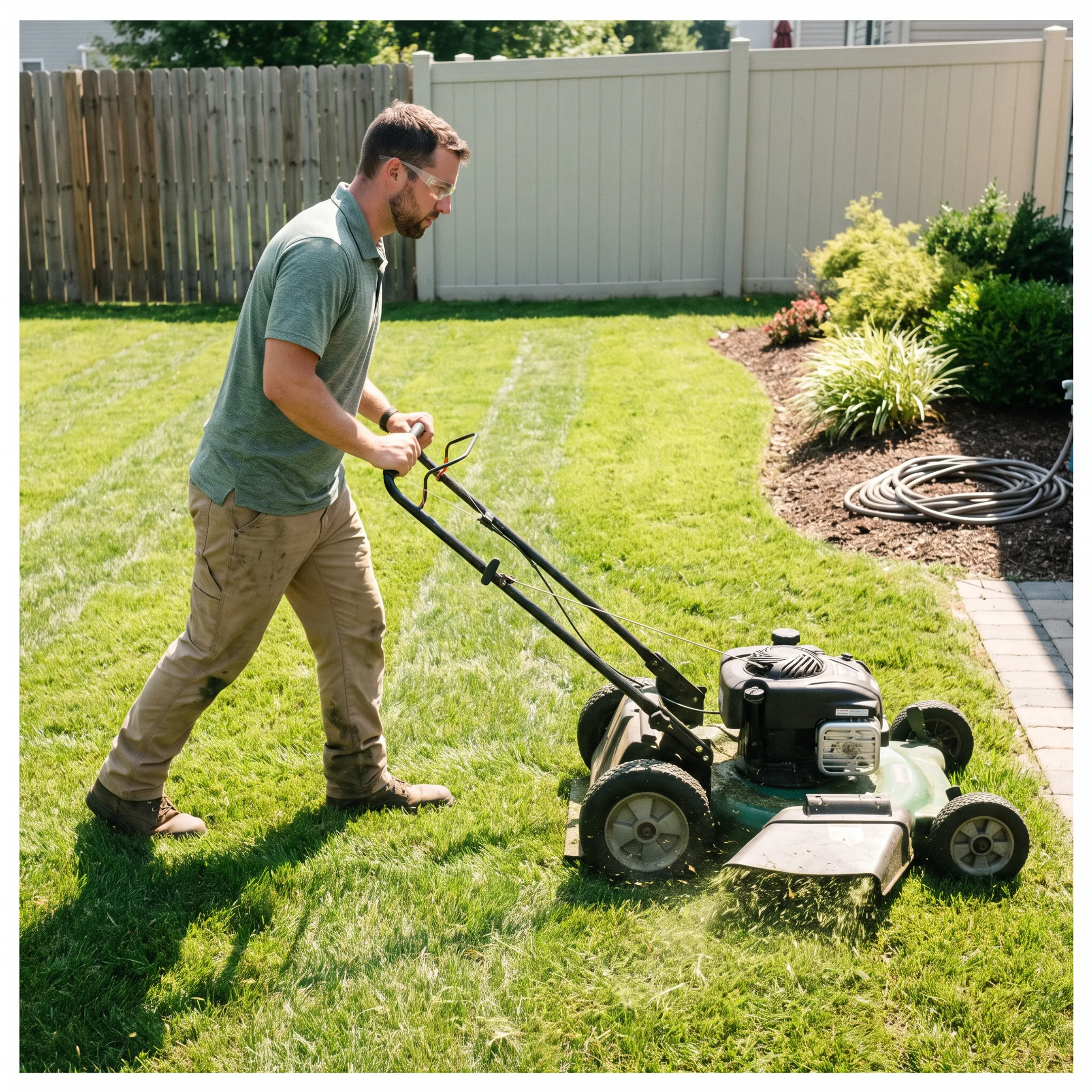 Lawn care professional mowing a green residential yard