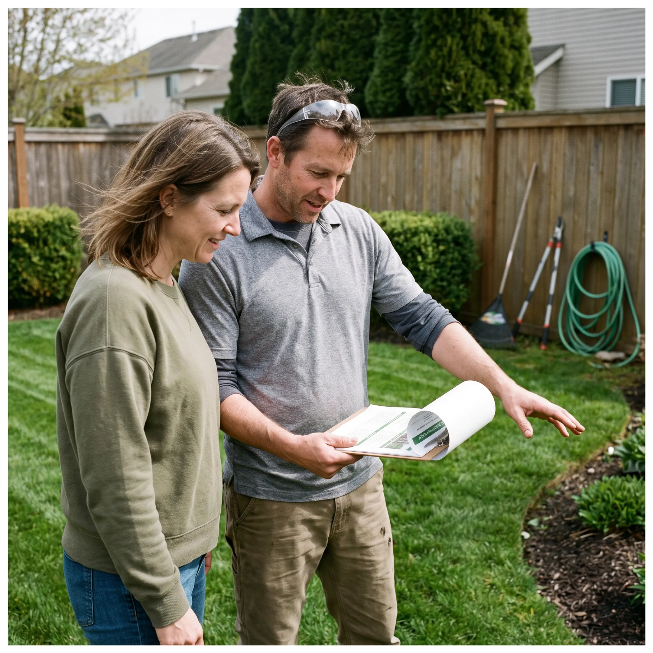 Homeowner discussing lawn care plans with a contractor