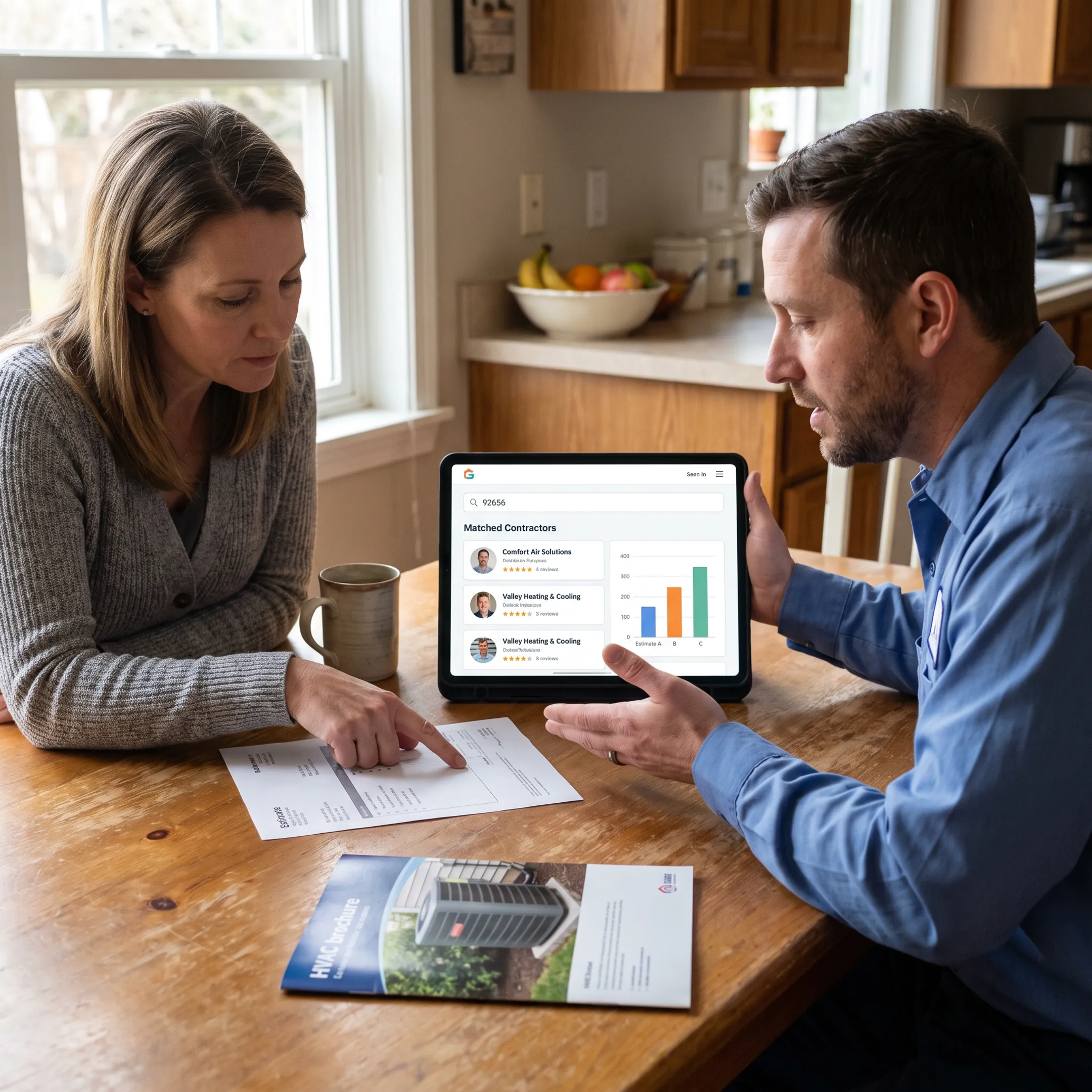 Homeowner reviewing HVAC estimates with a contractor