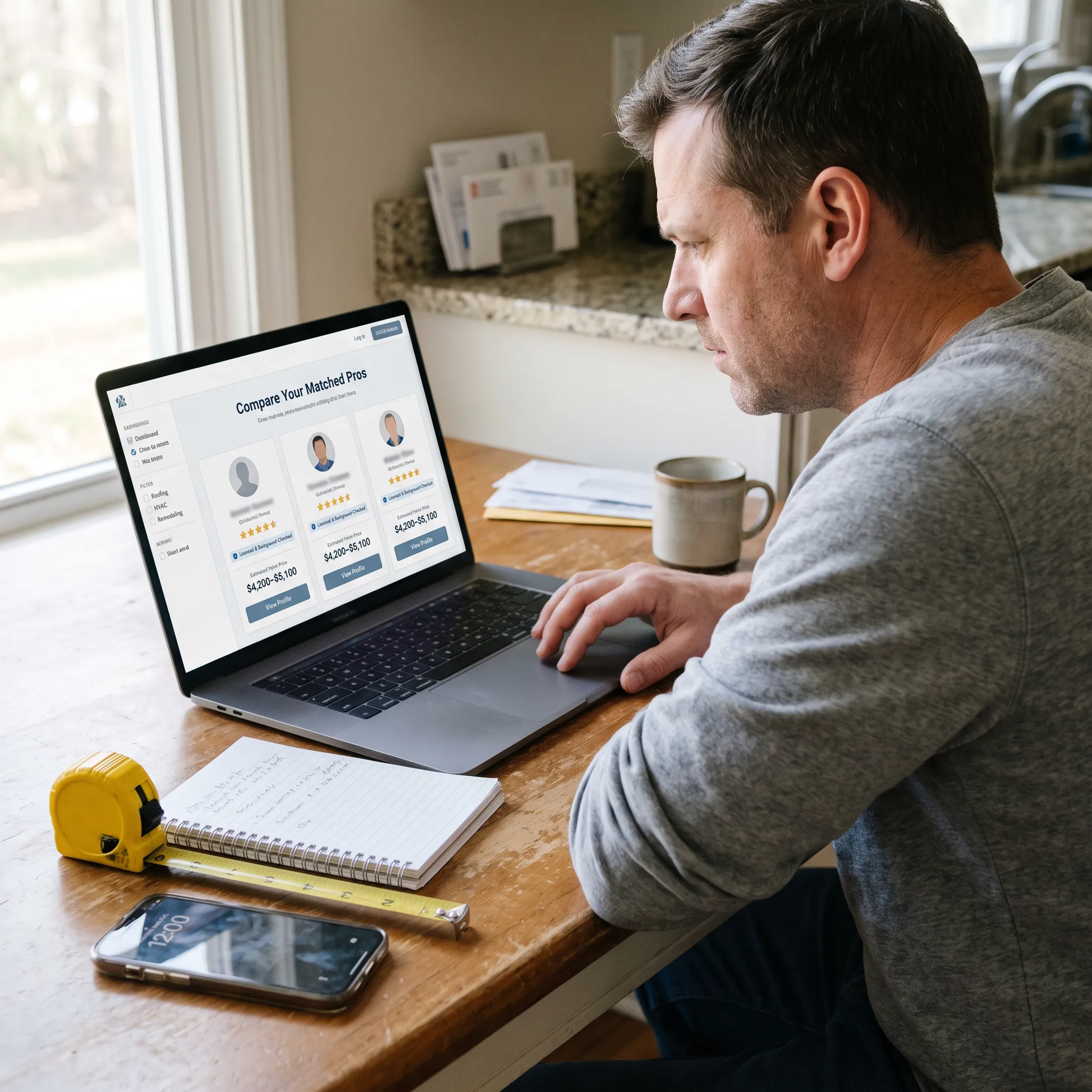 Homeowner comparing contractor estimates at home