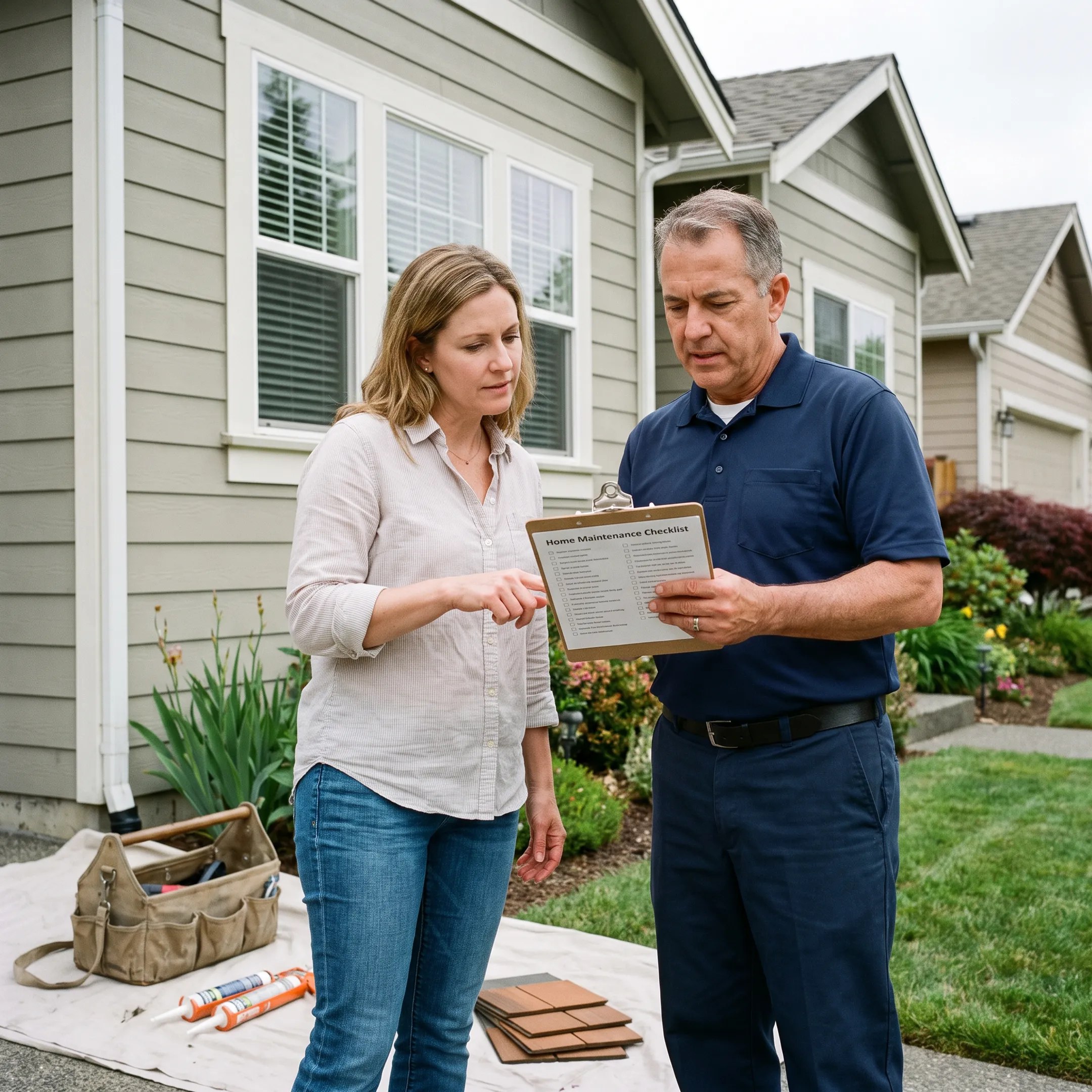 Homeowner reviewing maintenance needs with a contractor