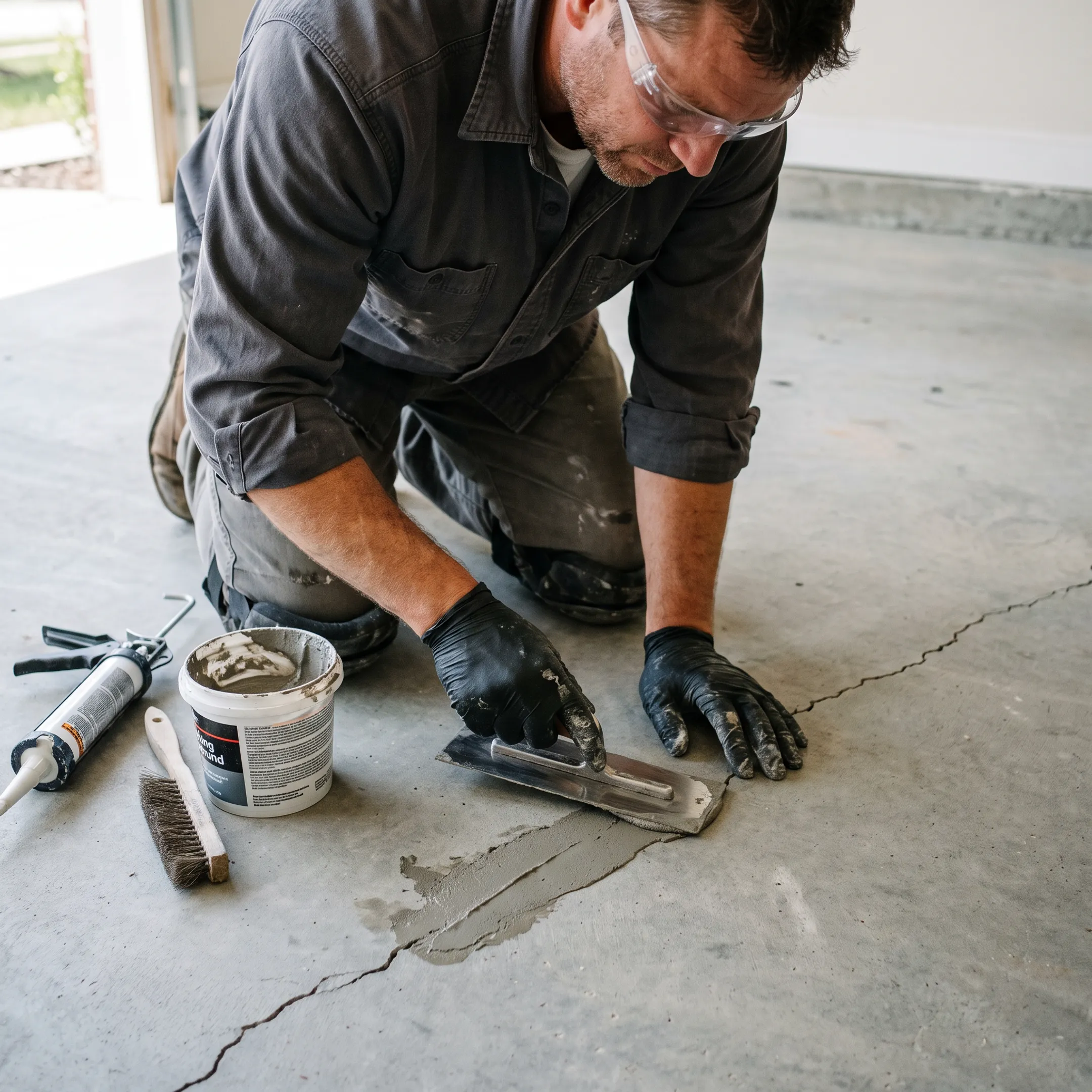 Contractor repairing cracks in a concrete floor