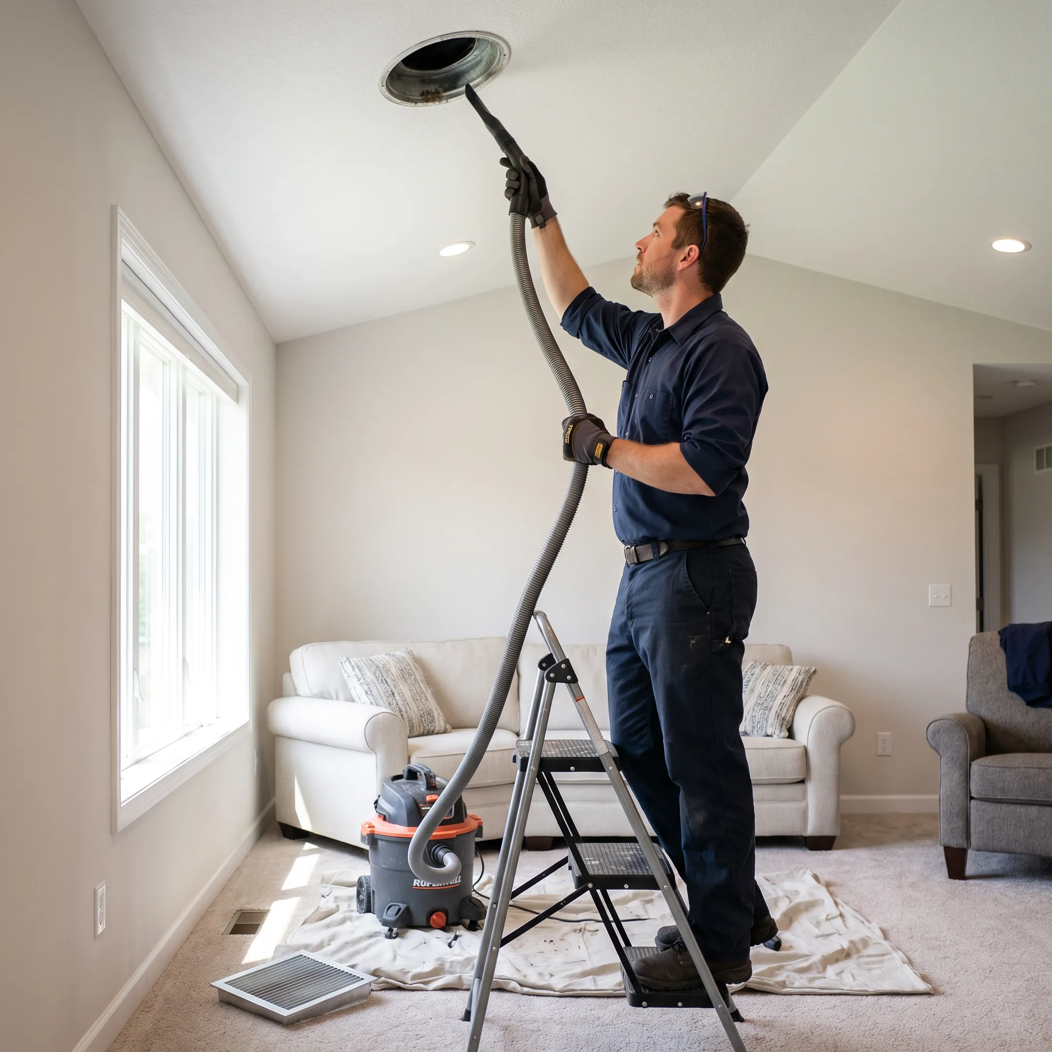 HVAC technician cleaning a residential air duct