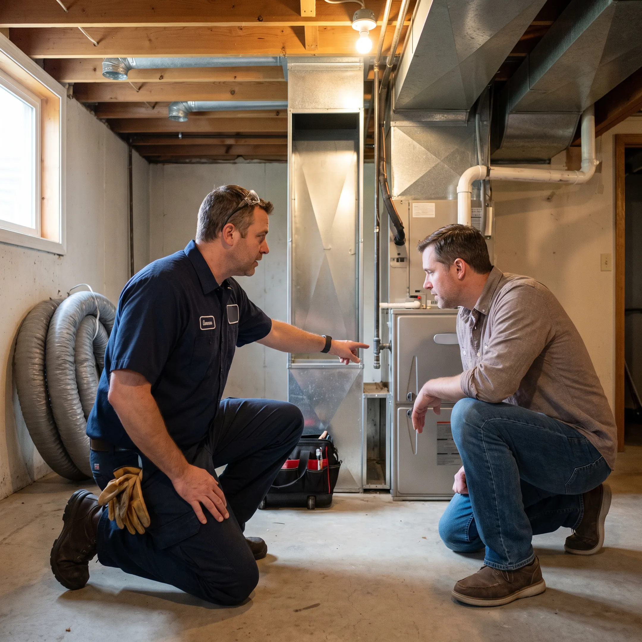 Homeowner discussing air duct cleaning with technician
