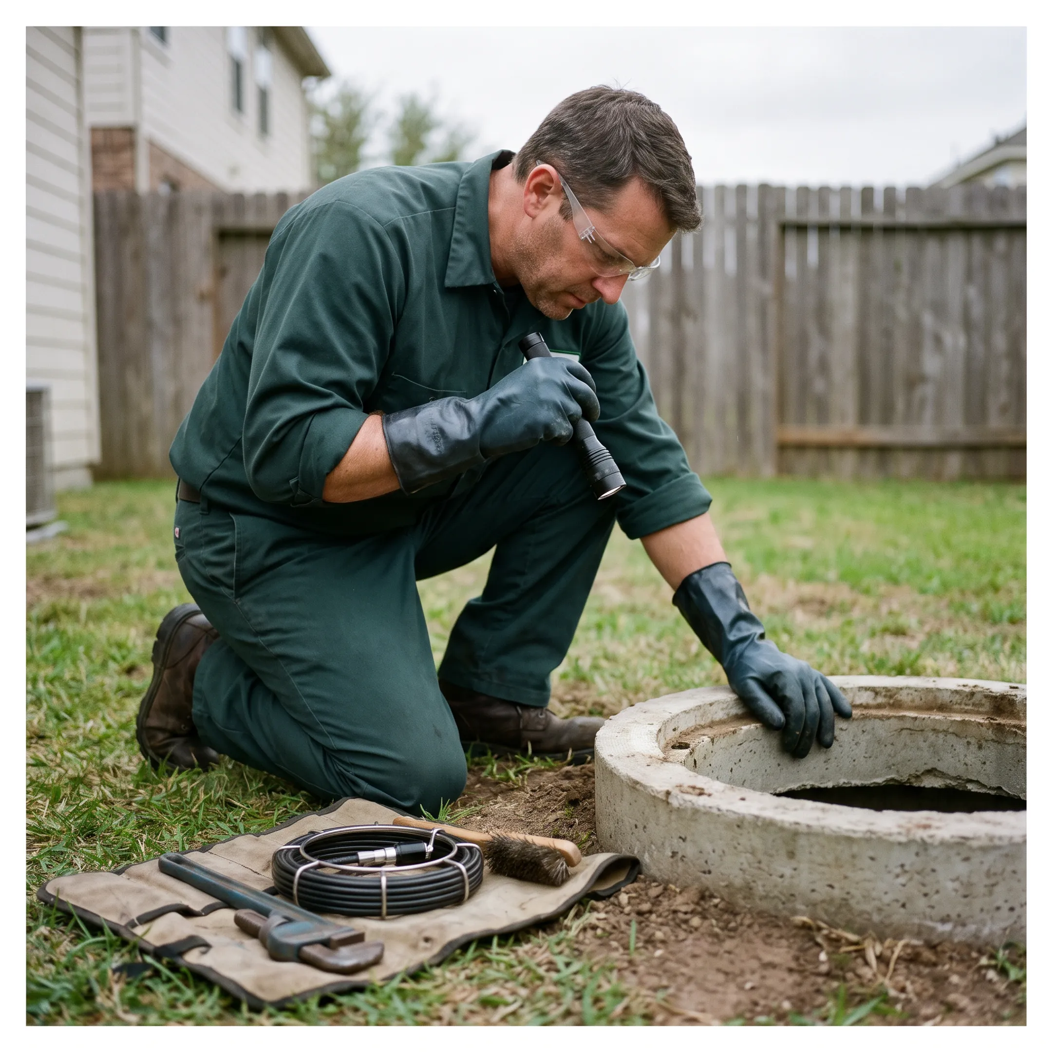 Technician inspecting an outdoor septic tank access point