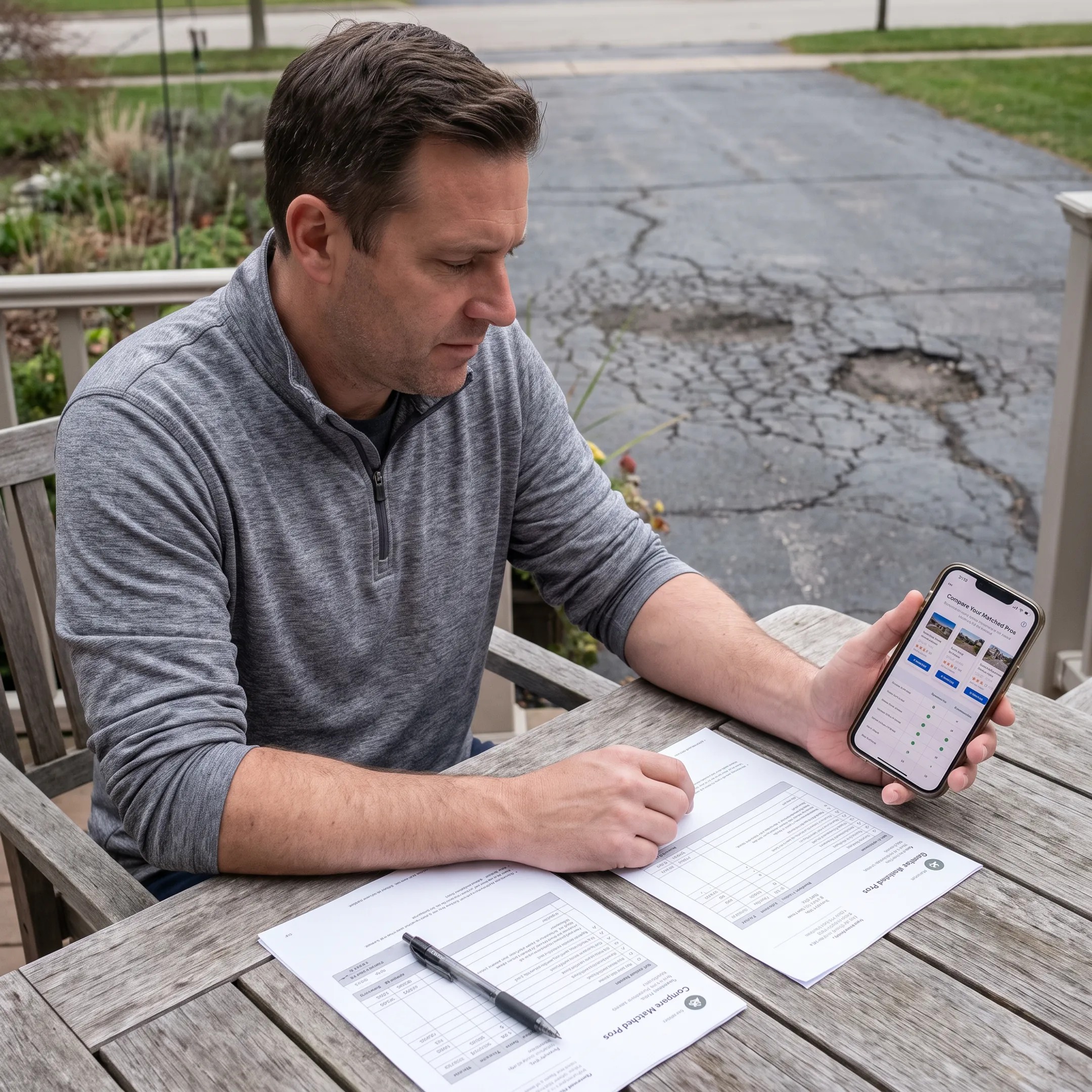 Homeowner reviewing asphalt contractor estimates