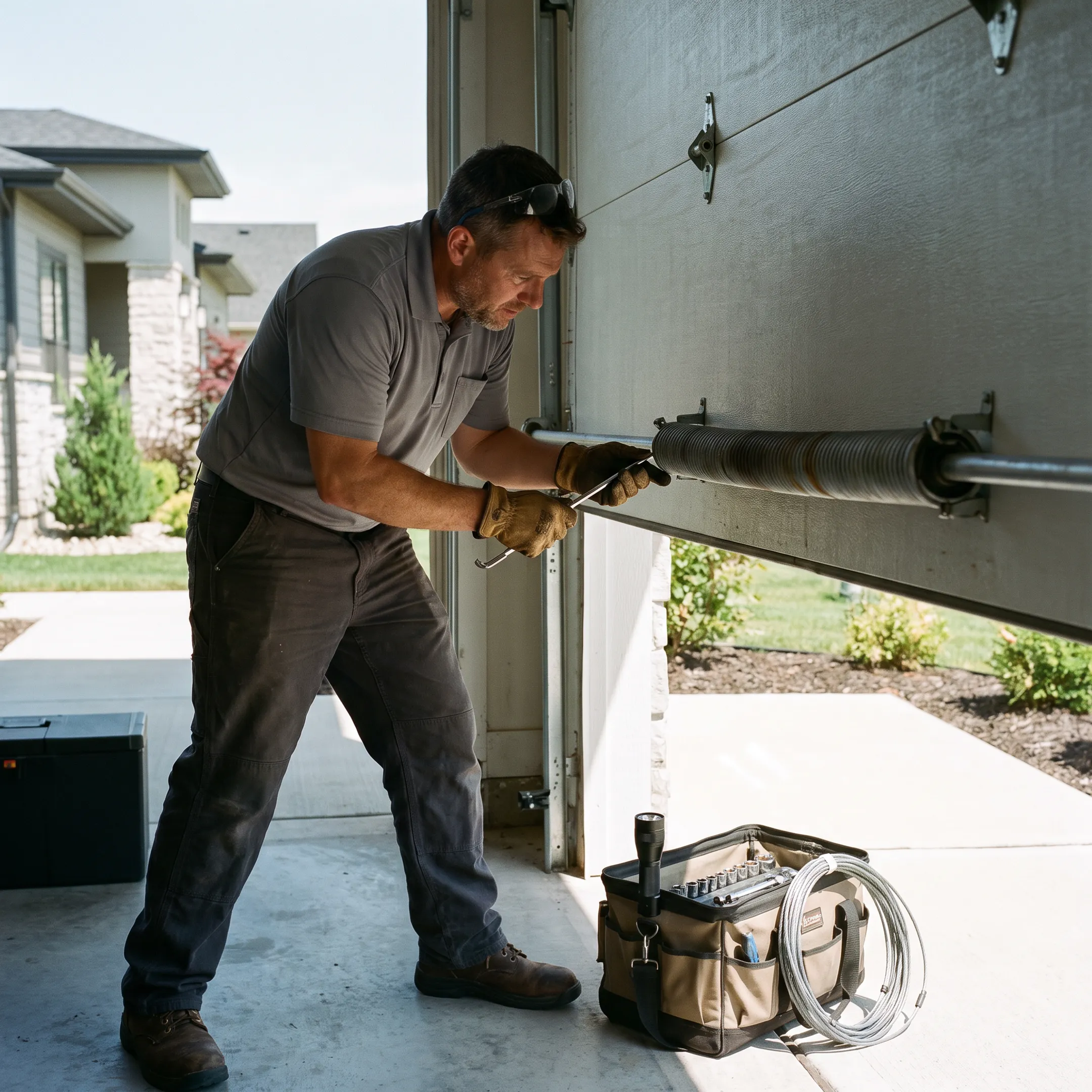 Technician inspecting a residential garage door