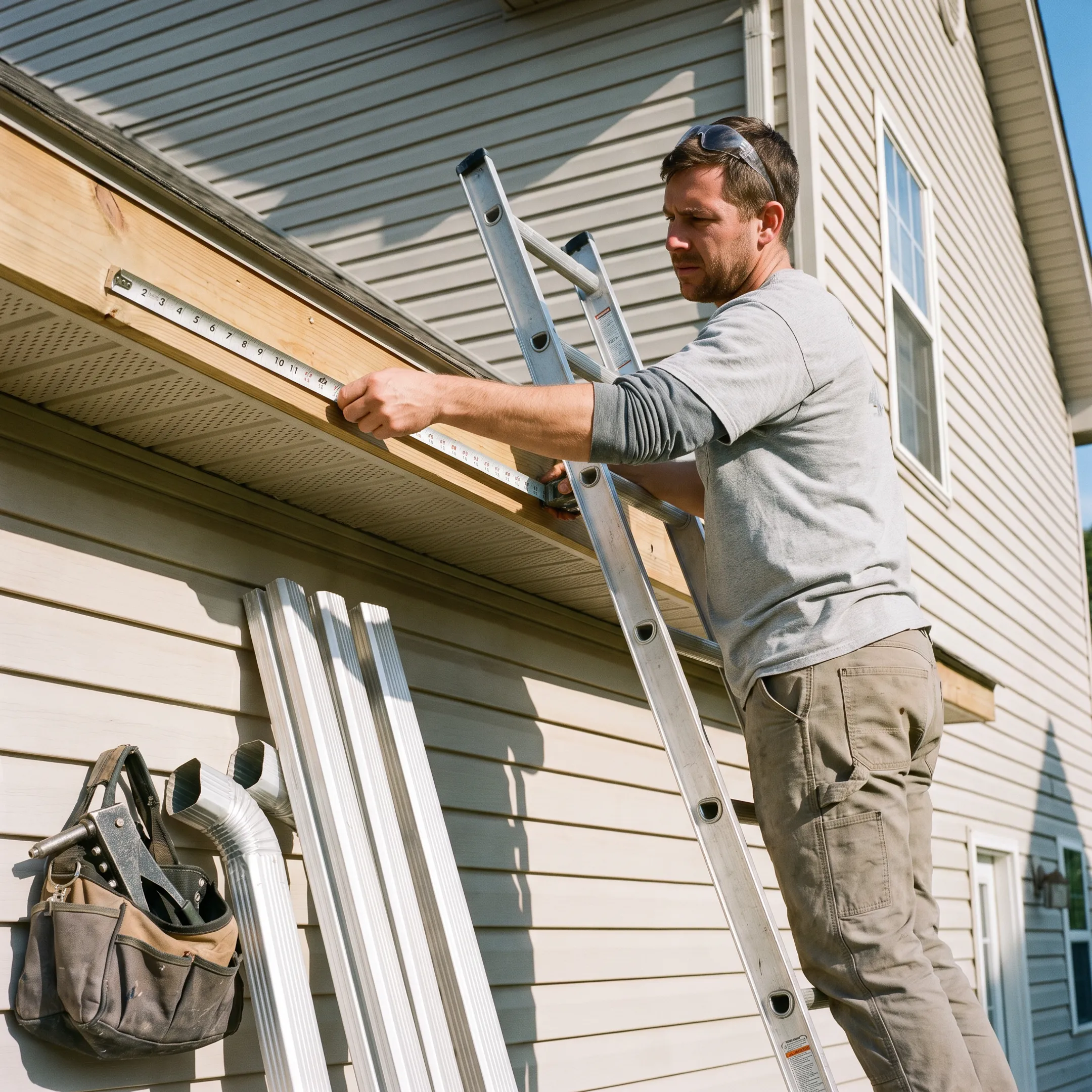Contractor measuring a home for seamless gutters
