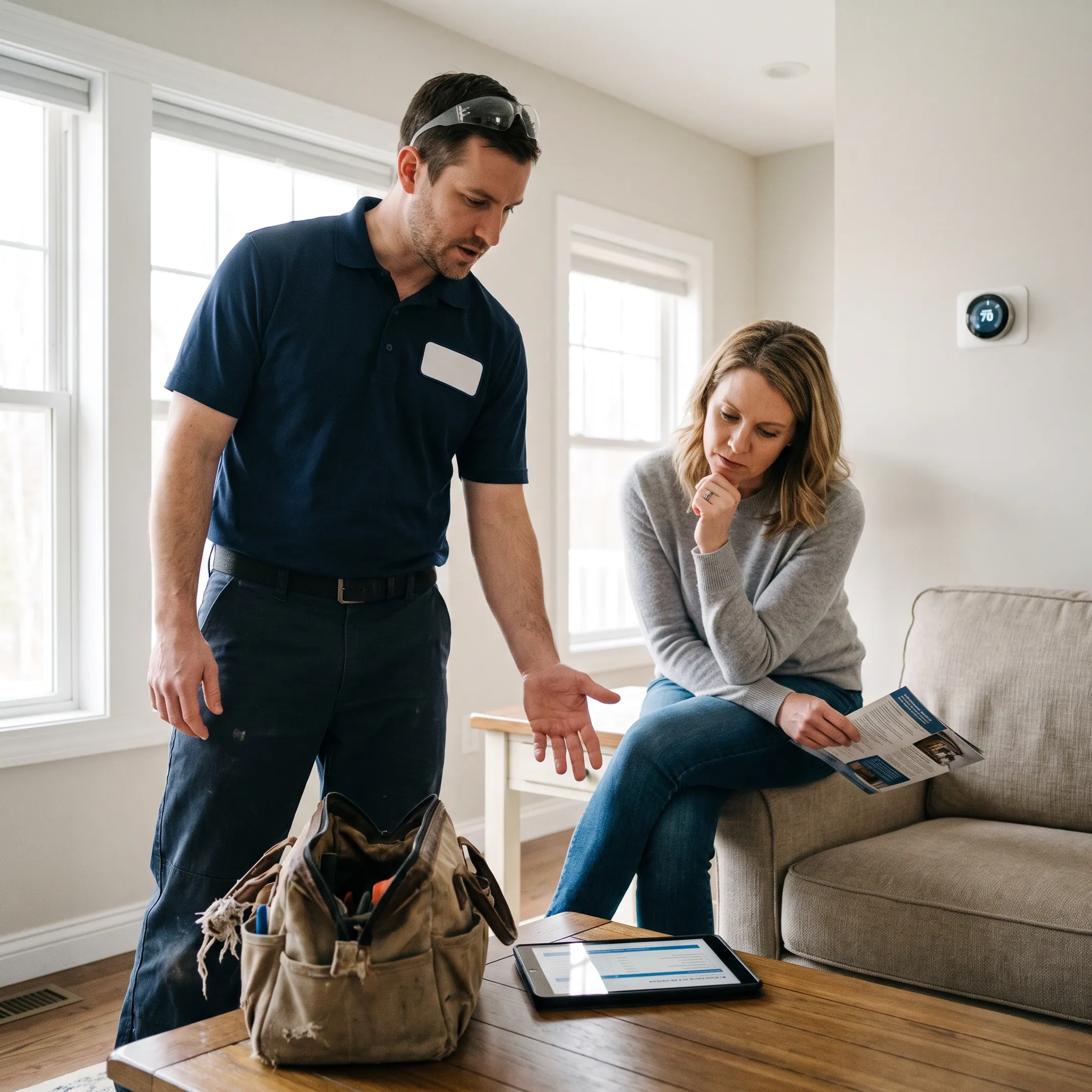 Homeowner discussing HVAC options with technician