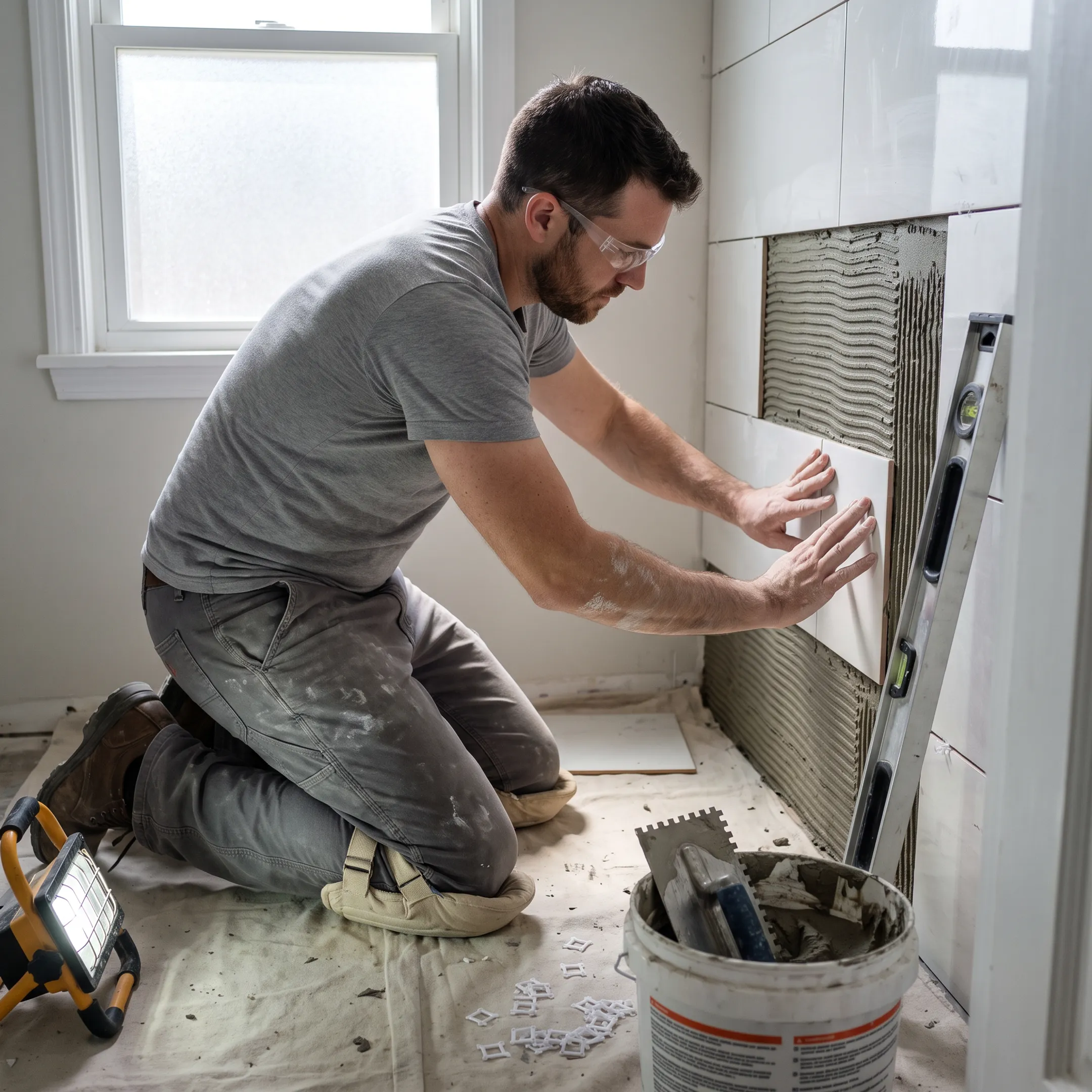 Installer setting ceramic tile in a bathroom