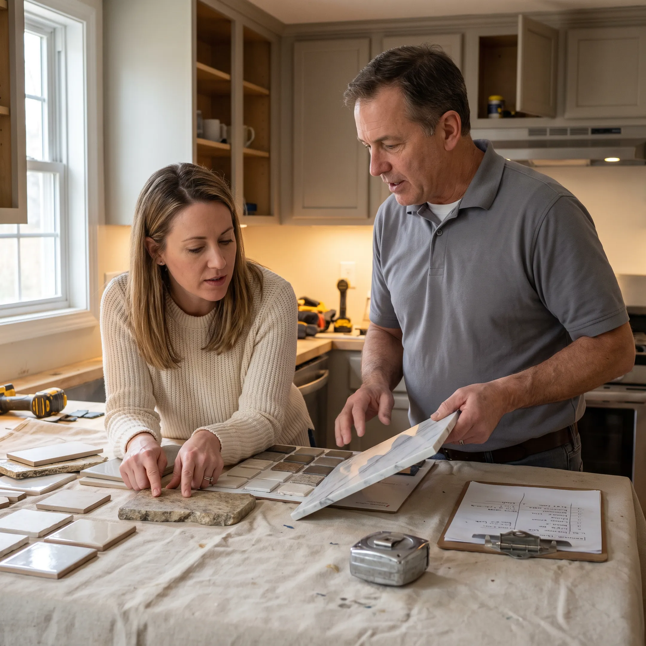 Homeowner reviewing tile samples with an installer