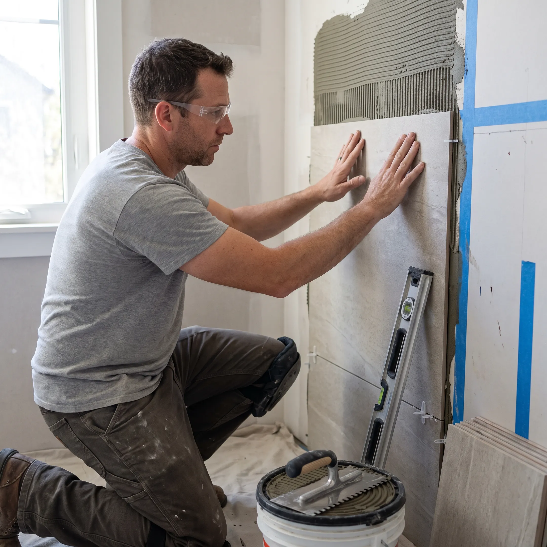Installer placing tile in a residential bathroom