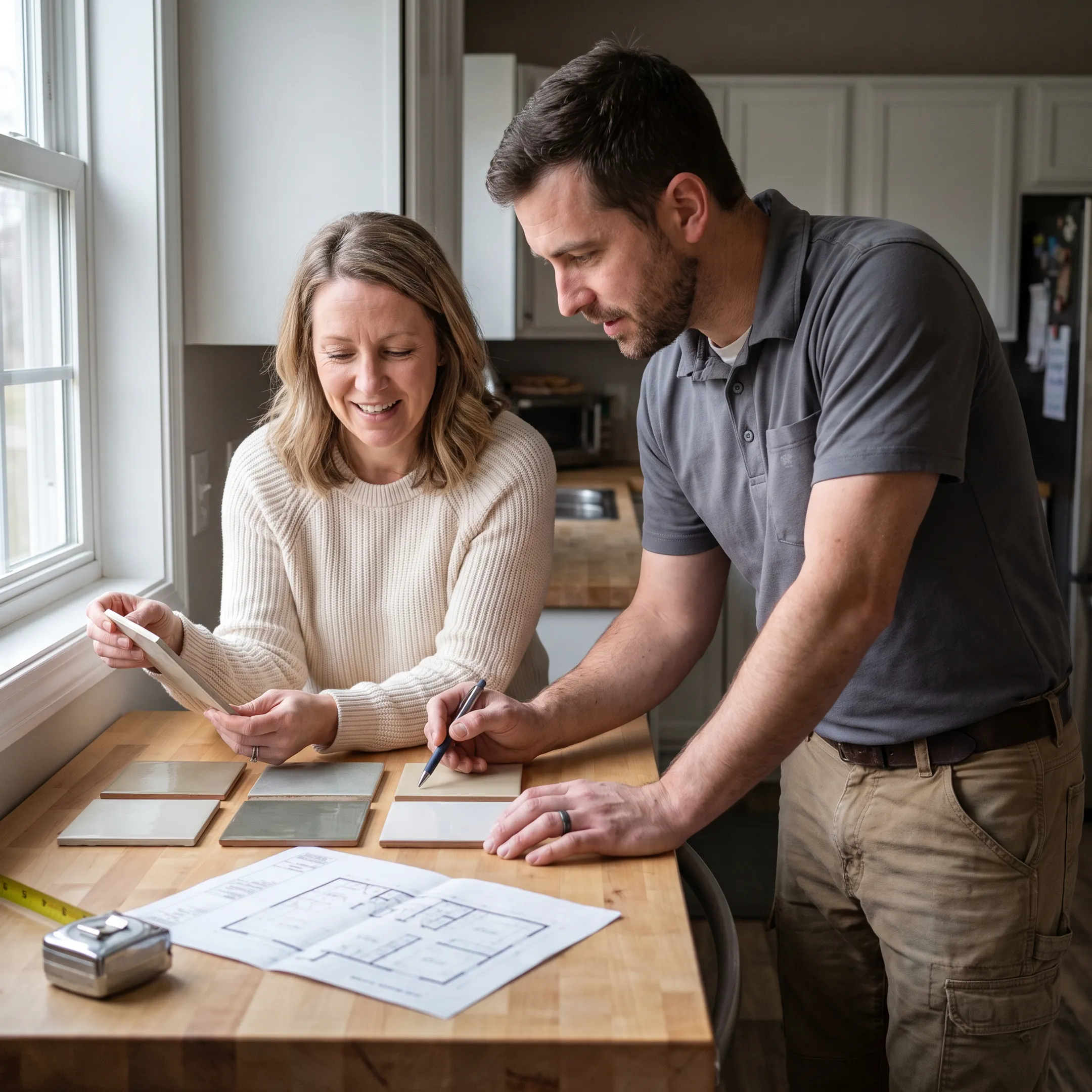 Homeowner reviewing tile samples with an installer