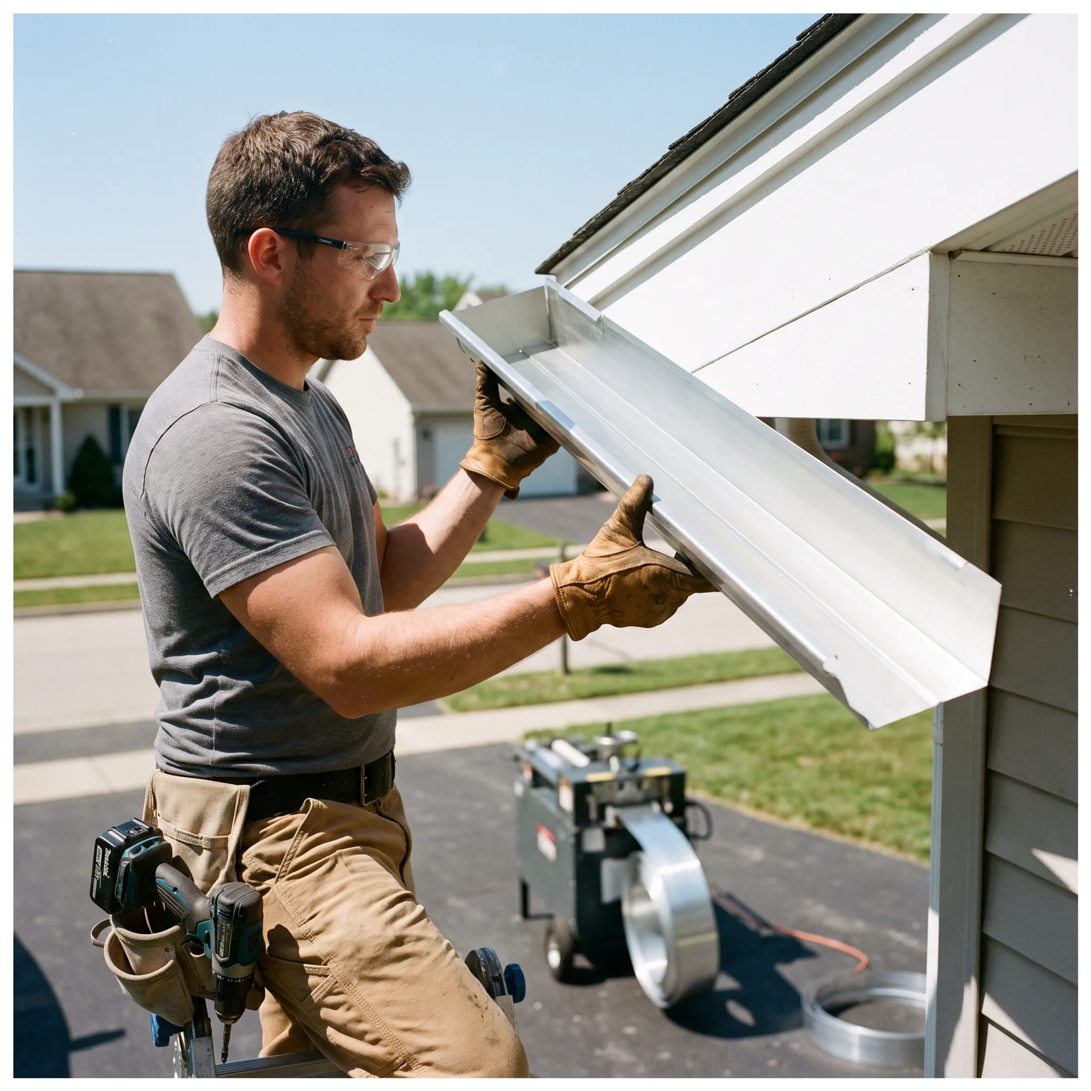 Installer fitting a seamless gutter along a home roofline