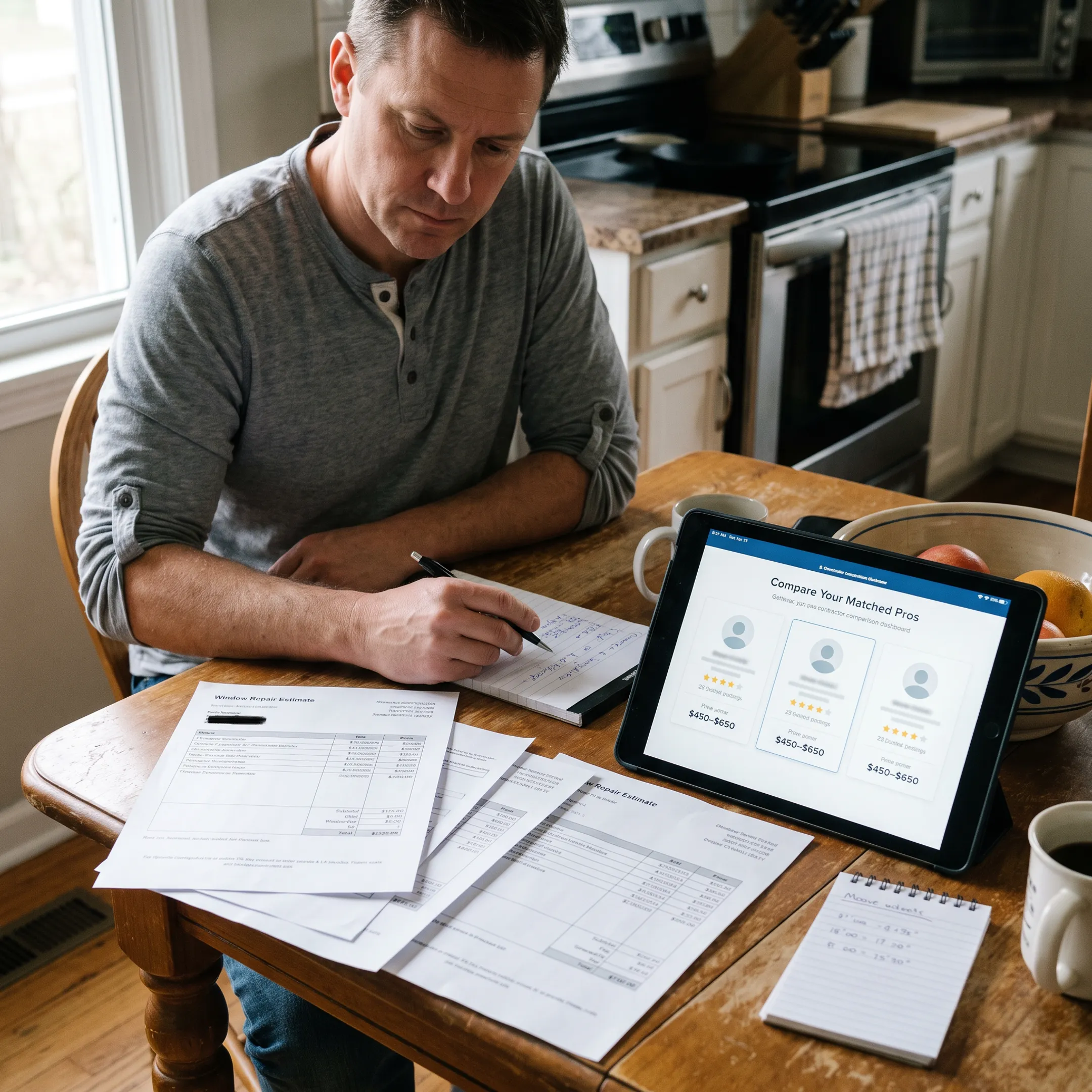 Homeowner reviewing window contractor estimates