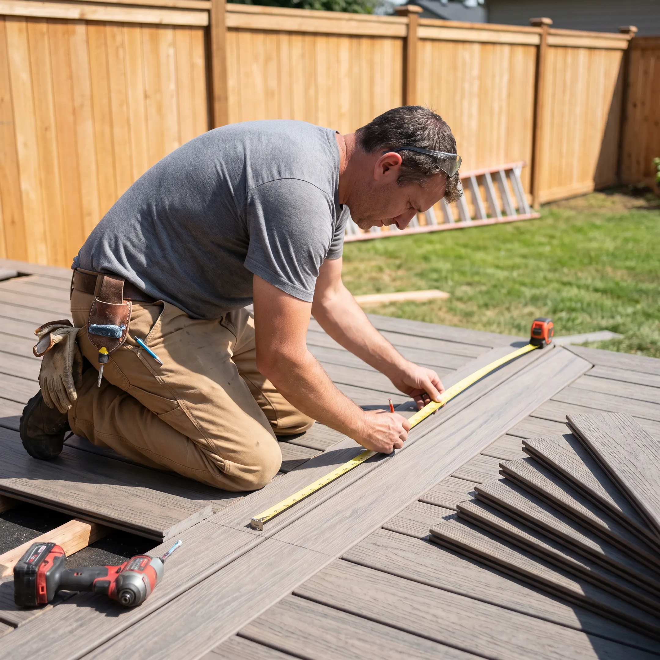 Builder installing a backyard deck and privacy fence
